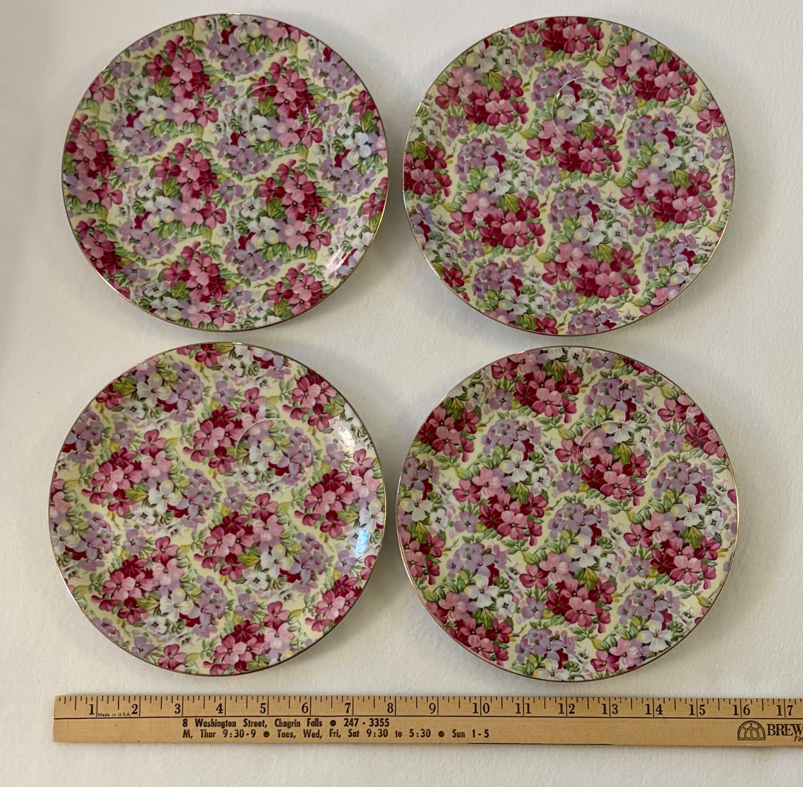 4 Vtg Chintz Summertime 8” Plates Floral Garden Cottagecore Wall Decor & Hangers