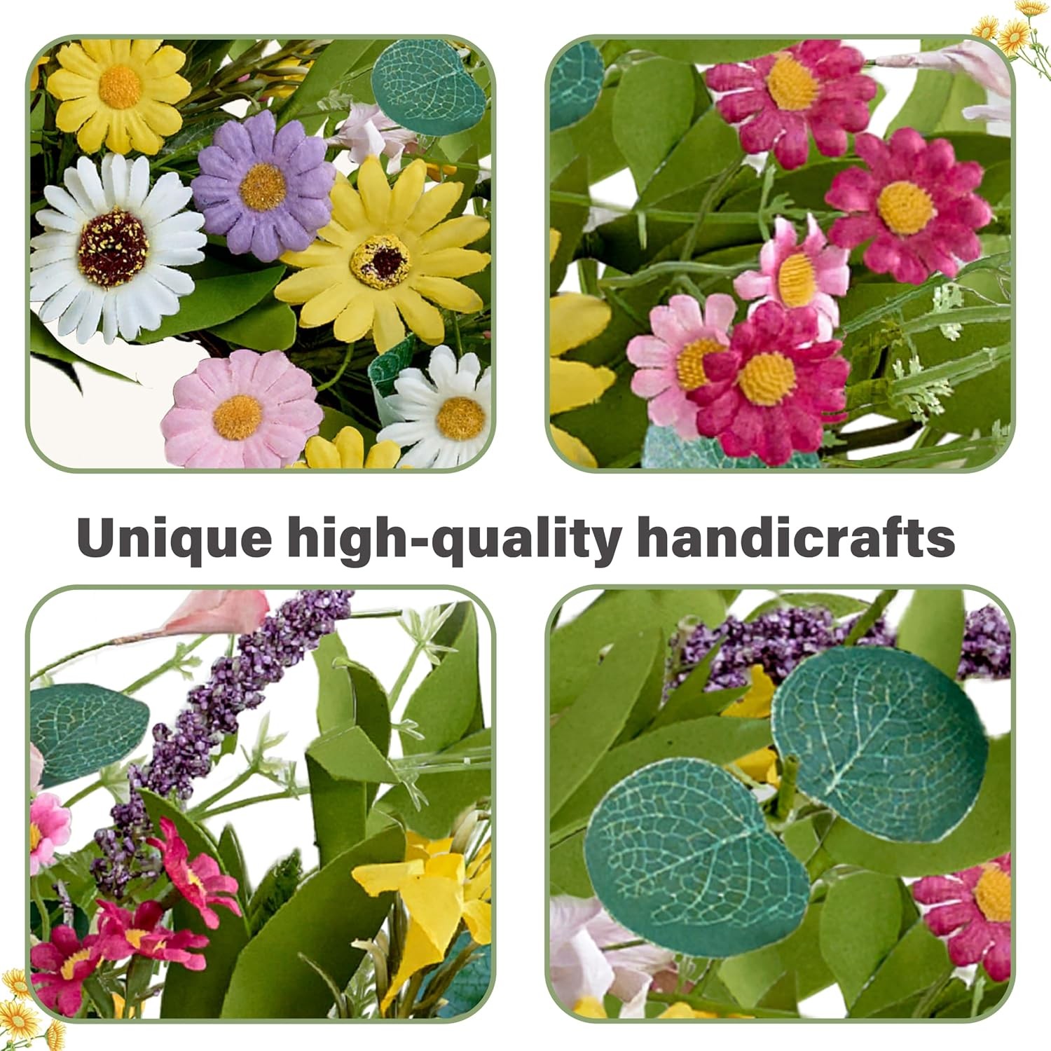Multicolor Artificial Spring Summer Wreath 22 Inch Yellow Daisy Flowers Greenery