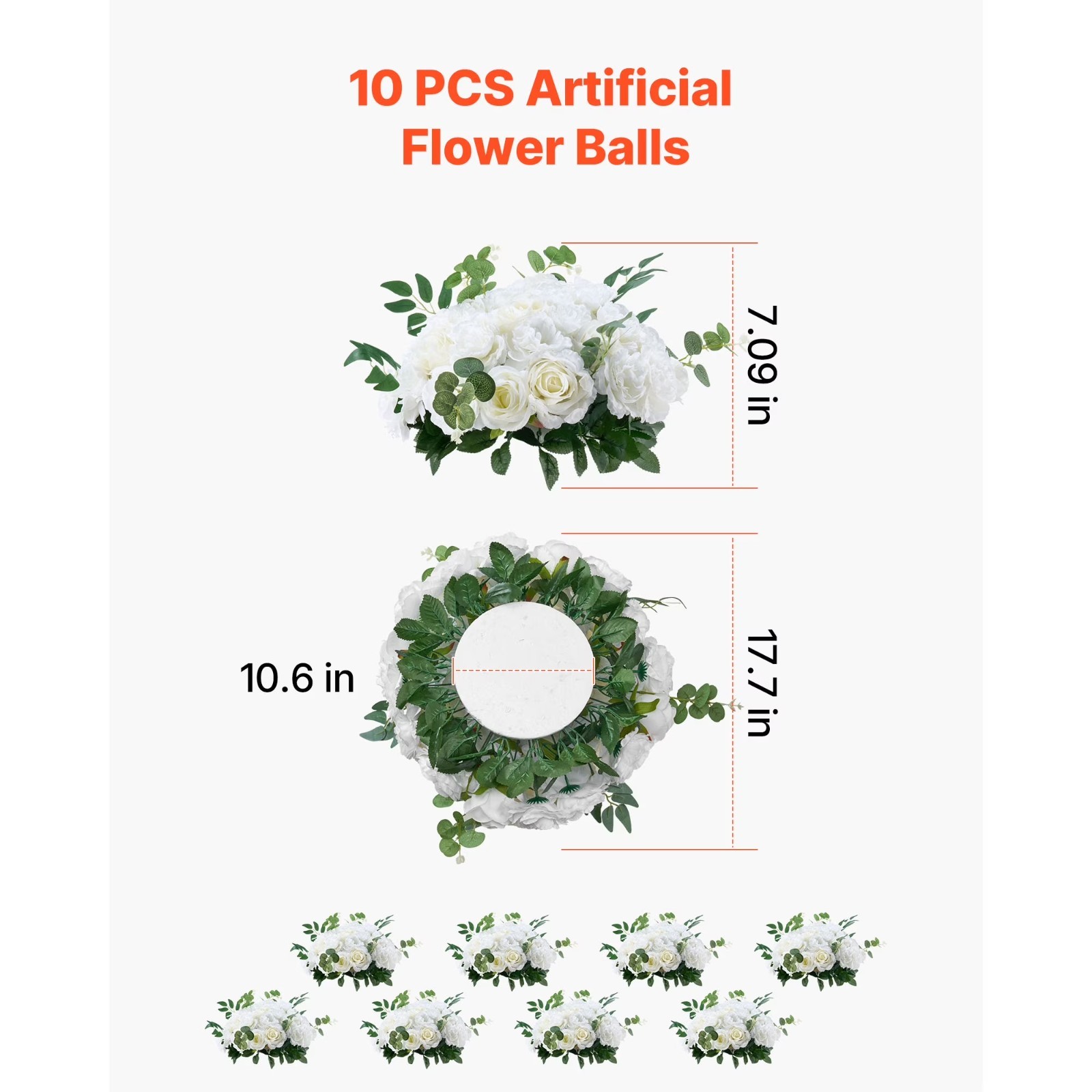Set of 10 Artificial Flower Balls 17.7 Inch White Rose Arrangements Faux Floral