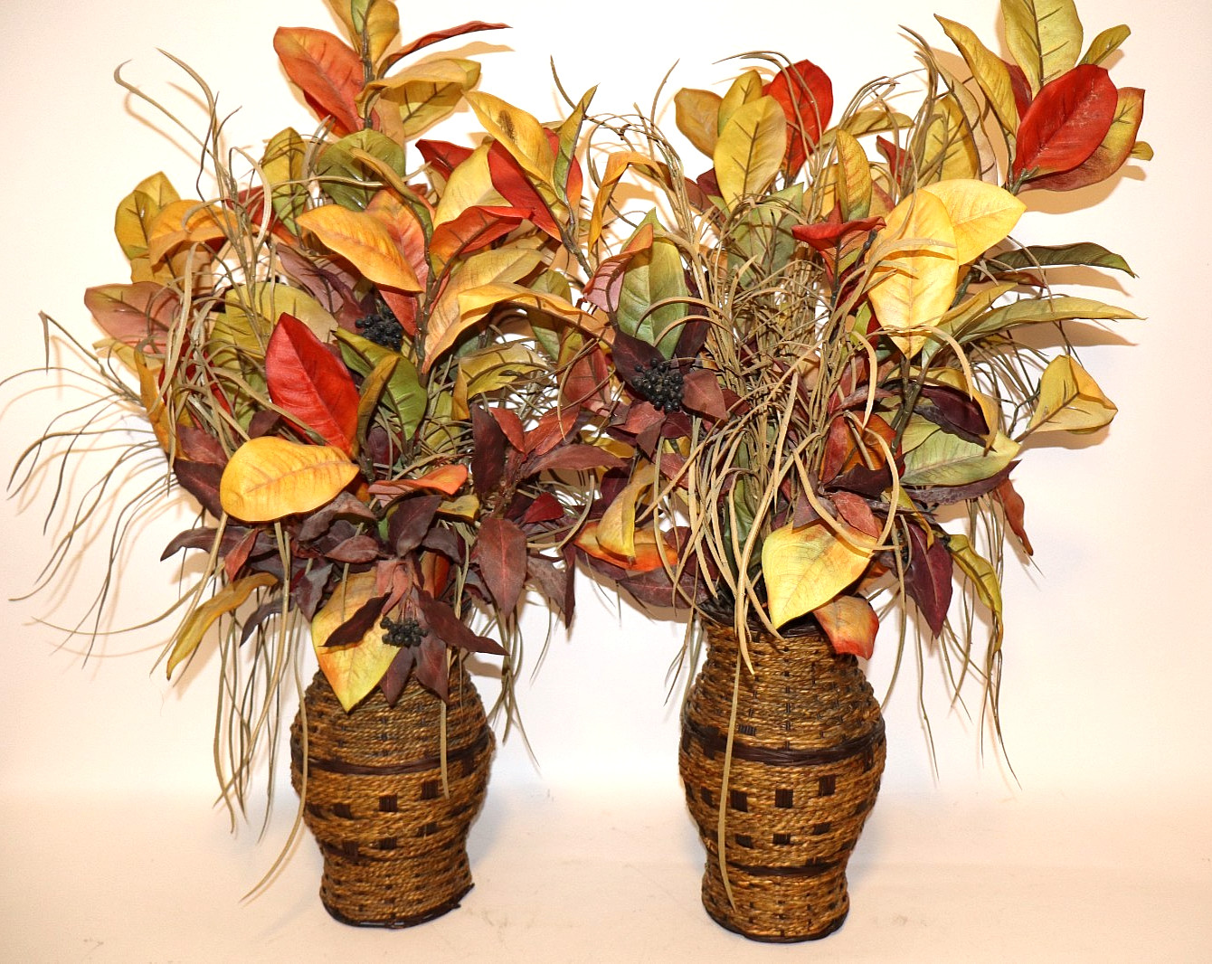 Pair of High Quality 30″ tall Faux Foliage Arrangements in Woven Pottery Vases