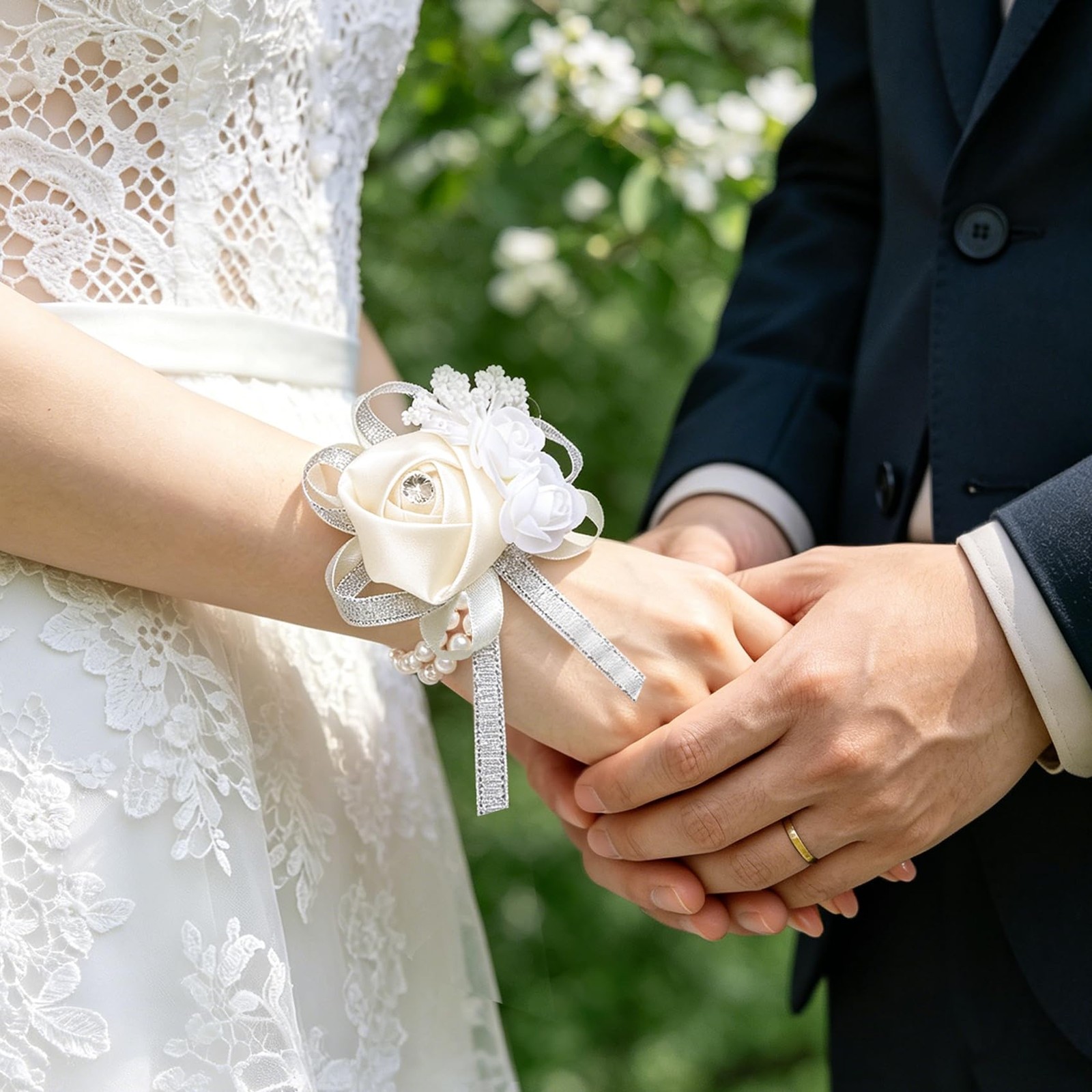 4 PCS Beige White Wrist Corsages Artificial Silk Rose Pearl Bridal Bridesmaid