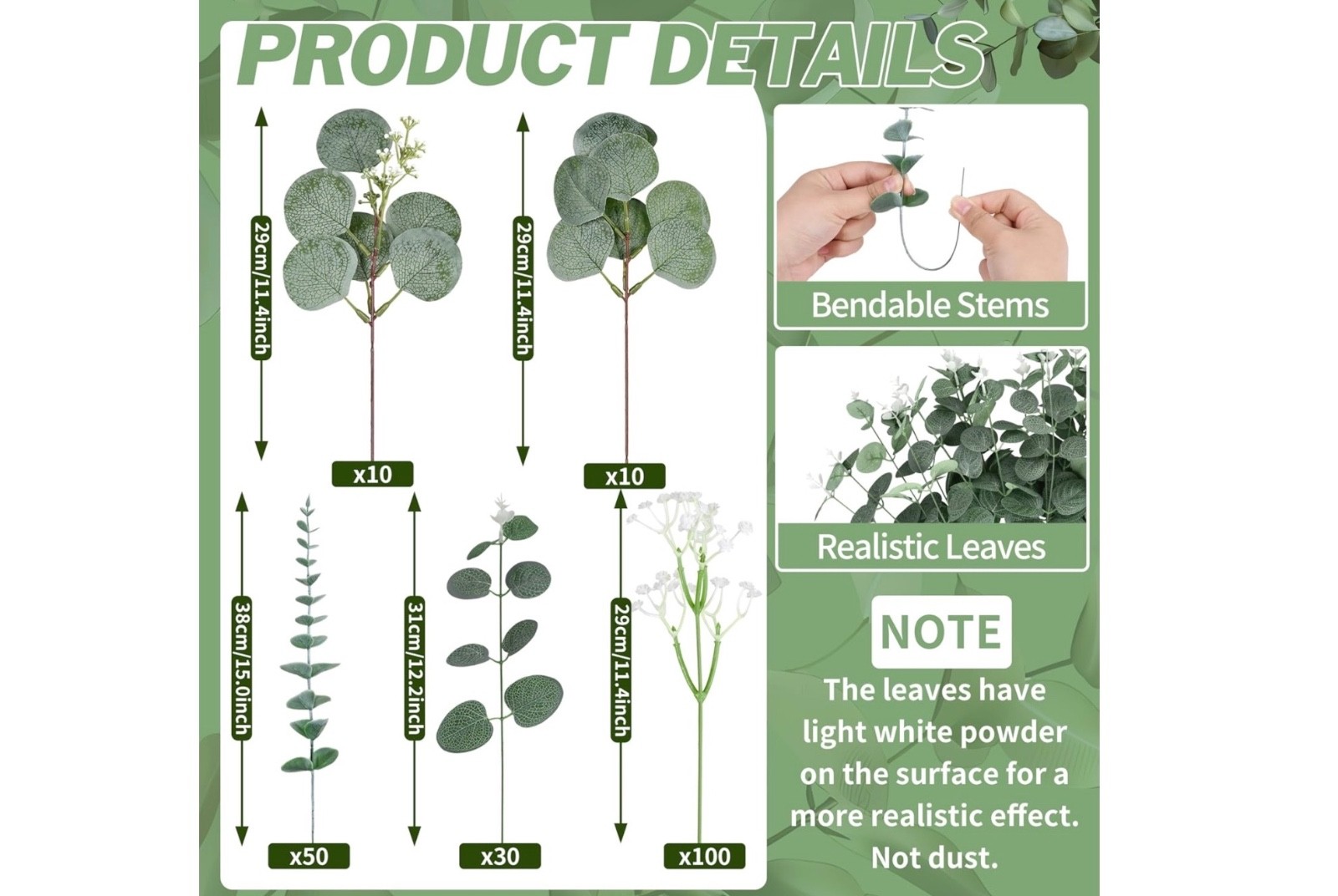 Palonu 200 Pcs 5 Kinds Mixed Artificial Eucalyptus Leaves Stems Bulk Babys Breat