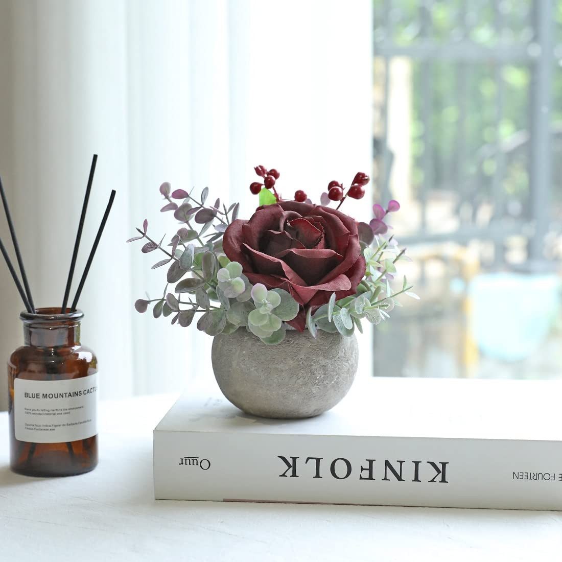 6″ Small Artificial Burgundy Rose Potted Plant In 3.5″ Round Pot Faux Desk