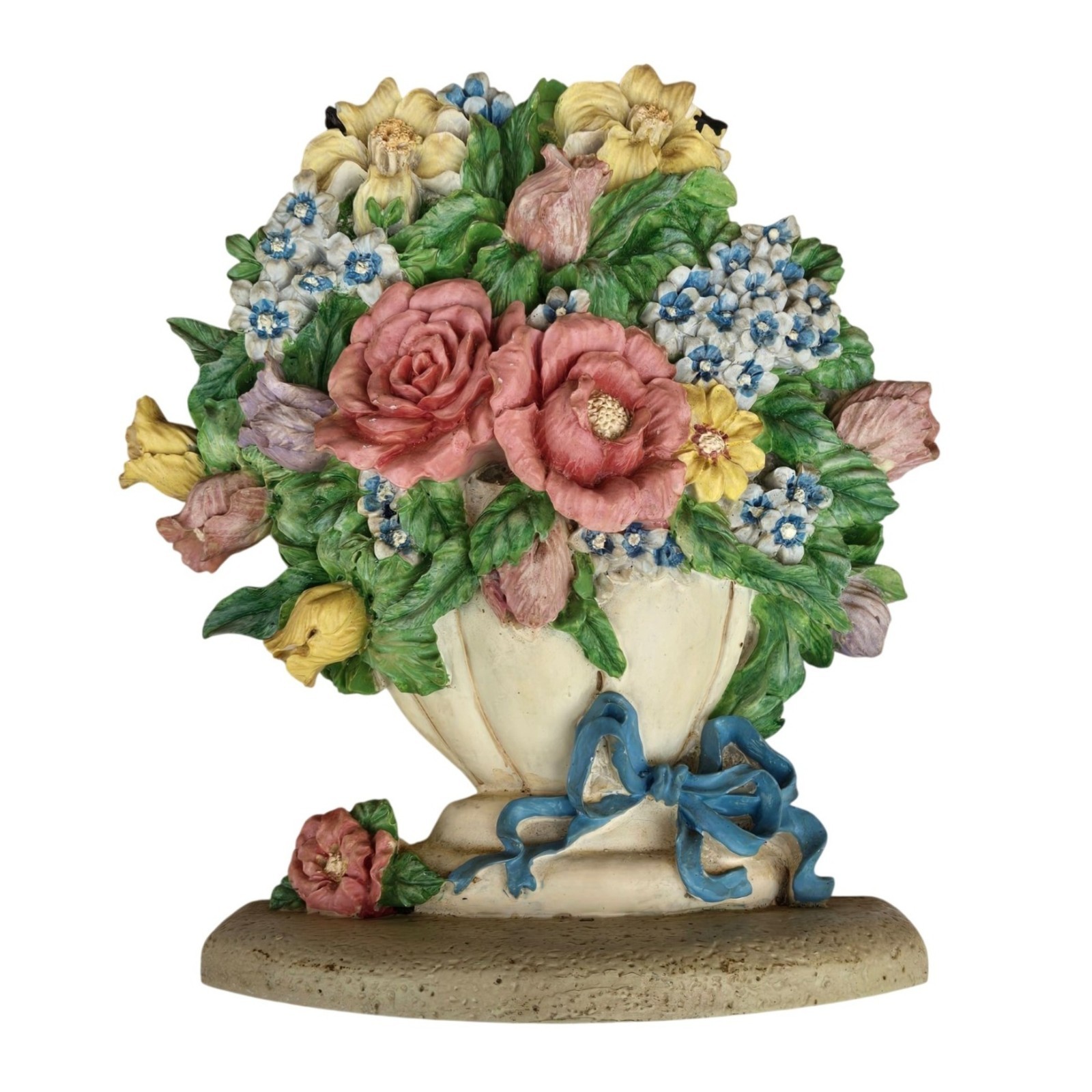 Vintage Flower Arrangement Doorstop Shabby Cottagecore Floral White Blue Ribbon