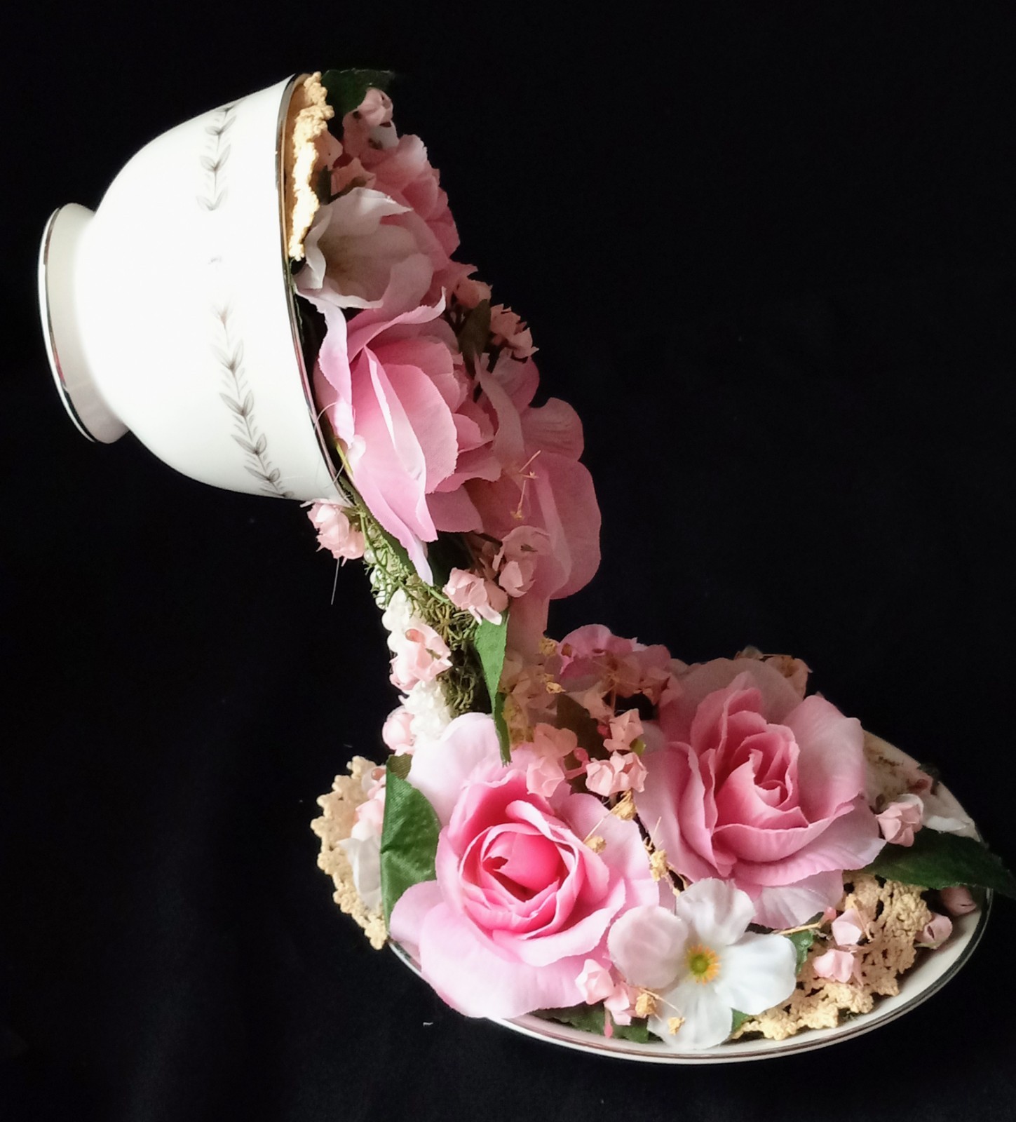 New Floral China Floating Teacup W Pink Floral Arrangement 8″ Tall #B FL#2