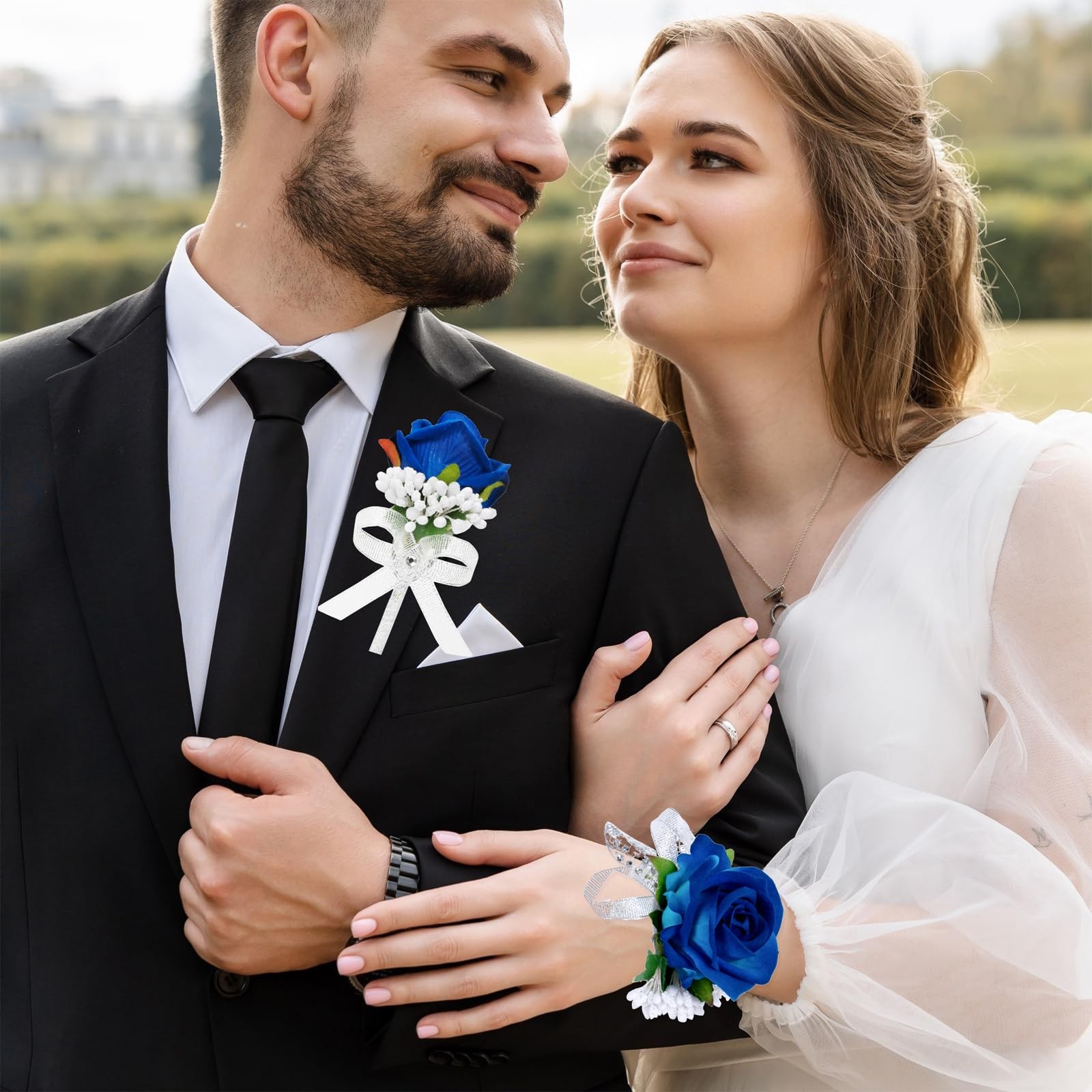 2 PCS Blue Rose Corsage & Boutonniere Set Wristlet Mens Prom Wedding Decor