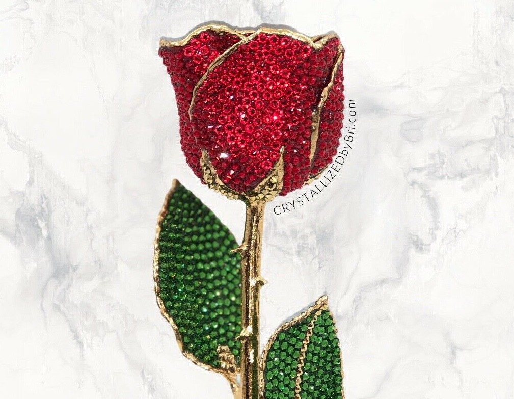 Bling Preserved Rose AUSTRIAN CRYSTAL Red Bedazzled Real Gold Trim Dipped Custom