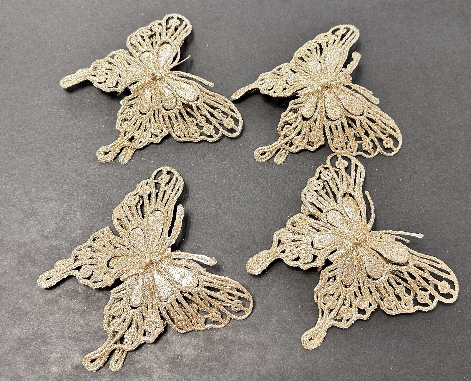 18 Champagne Tinted Glitter Christmas Accents Poinsettias Butterflies & Clips