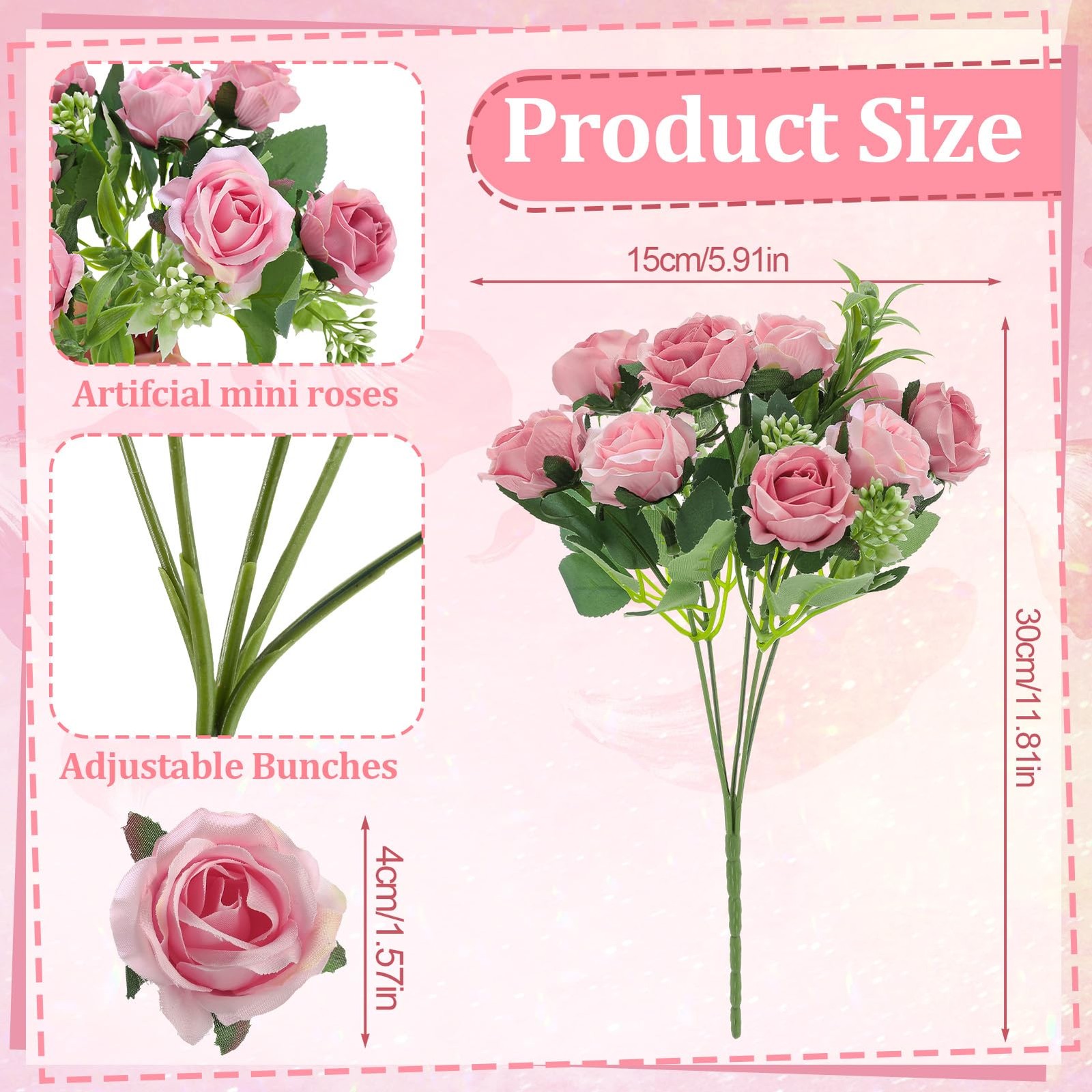 6 Stems 10 Heads Dusty Pink Artificial Silk Roses Bouquets with Leaf Faux Flo…