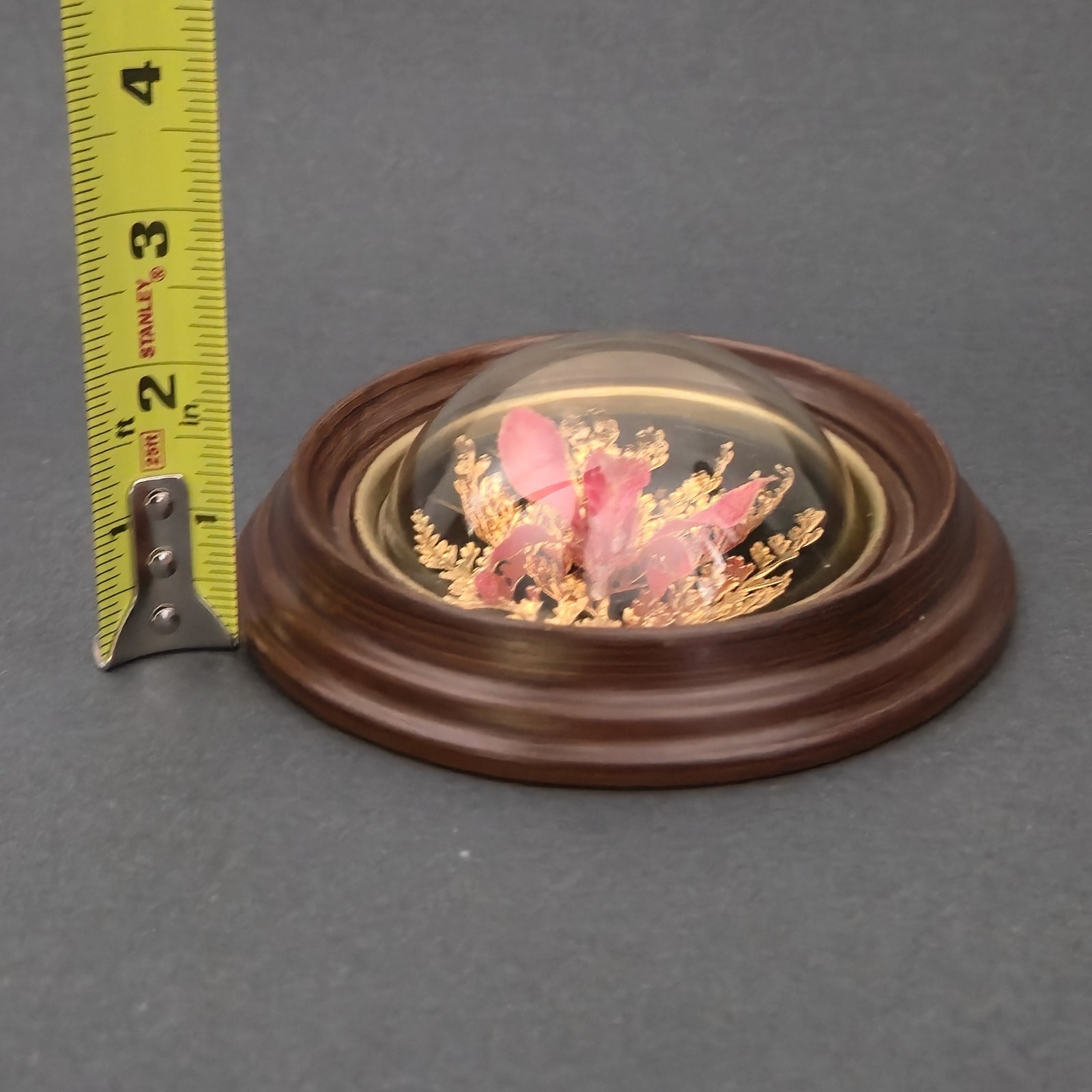 Vintage Orchid Flora Hawaiian Preserved 24K Gold Pink Fern Framed Dome 6″X5″