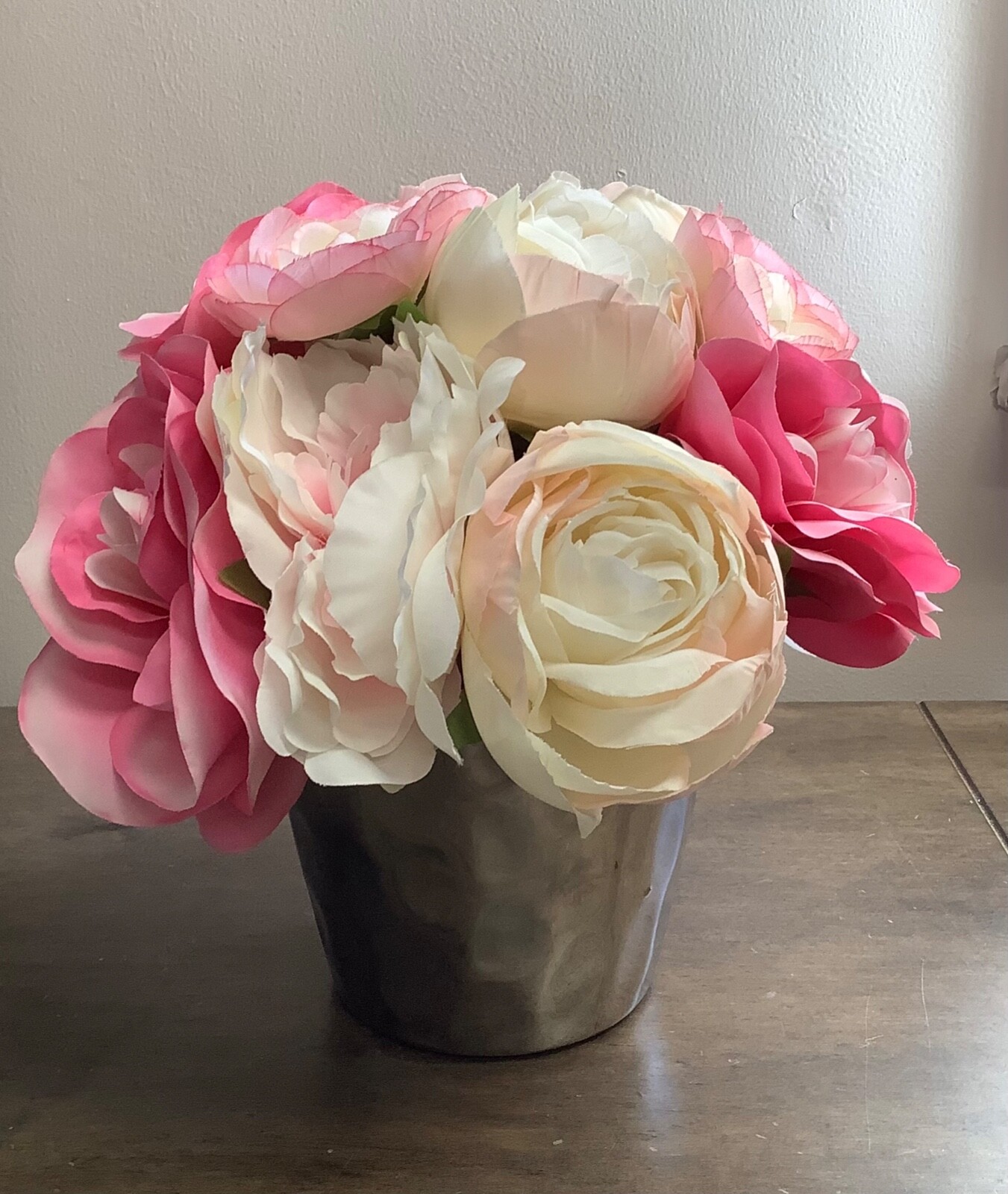 Pink and White Faux Peony Rose Flowers Floral Arrangement in Silver Vase