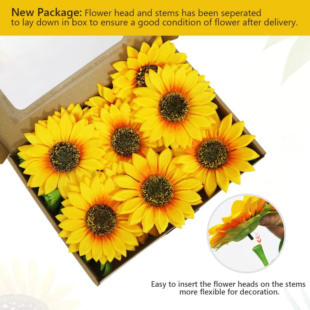 Artificial Sunflowers with Stems,10pcs Faux Silk Yellow Flower for Wedding Bo…
