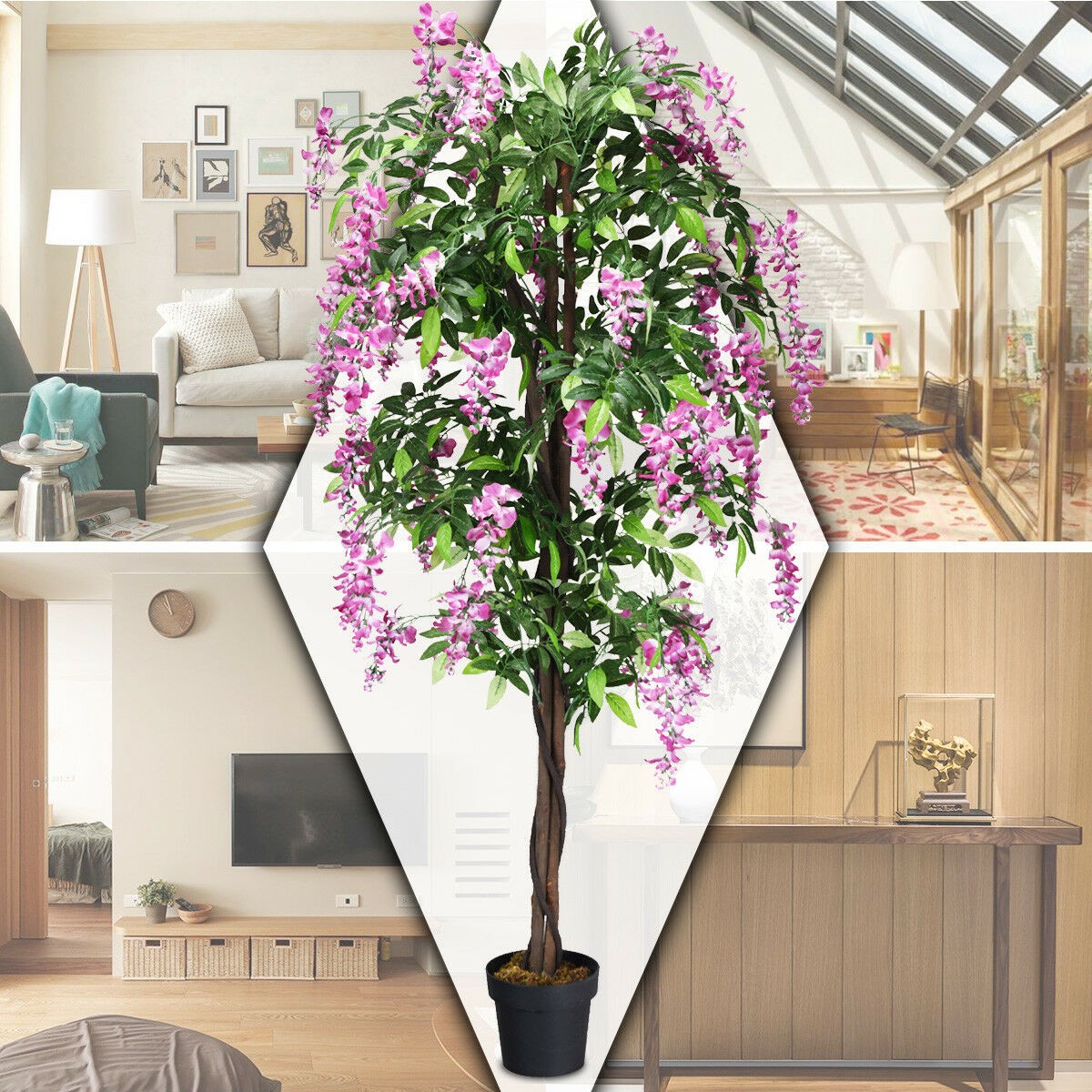 Costway 6-Feet Artificial Wisteria Silk Tree Pink Flower Indoor-Patio Home Décor