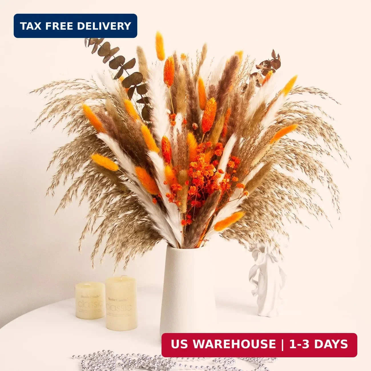 80PCS Orange Dried Pampas Grass Bouquet, 17 Inch, Bunny Tail Reed Grass & Eucaly
