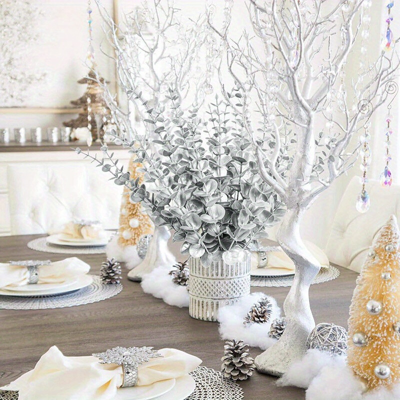 8Pcs Eucalyptus Stems Artificial Leaves Branches Winter Christmas Bouquet Decor