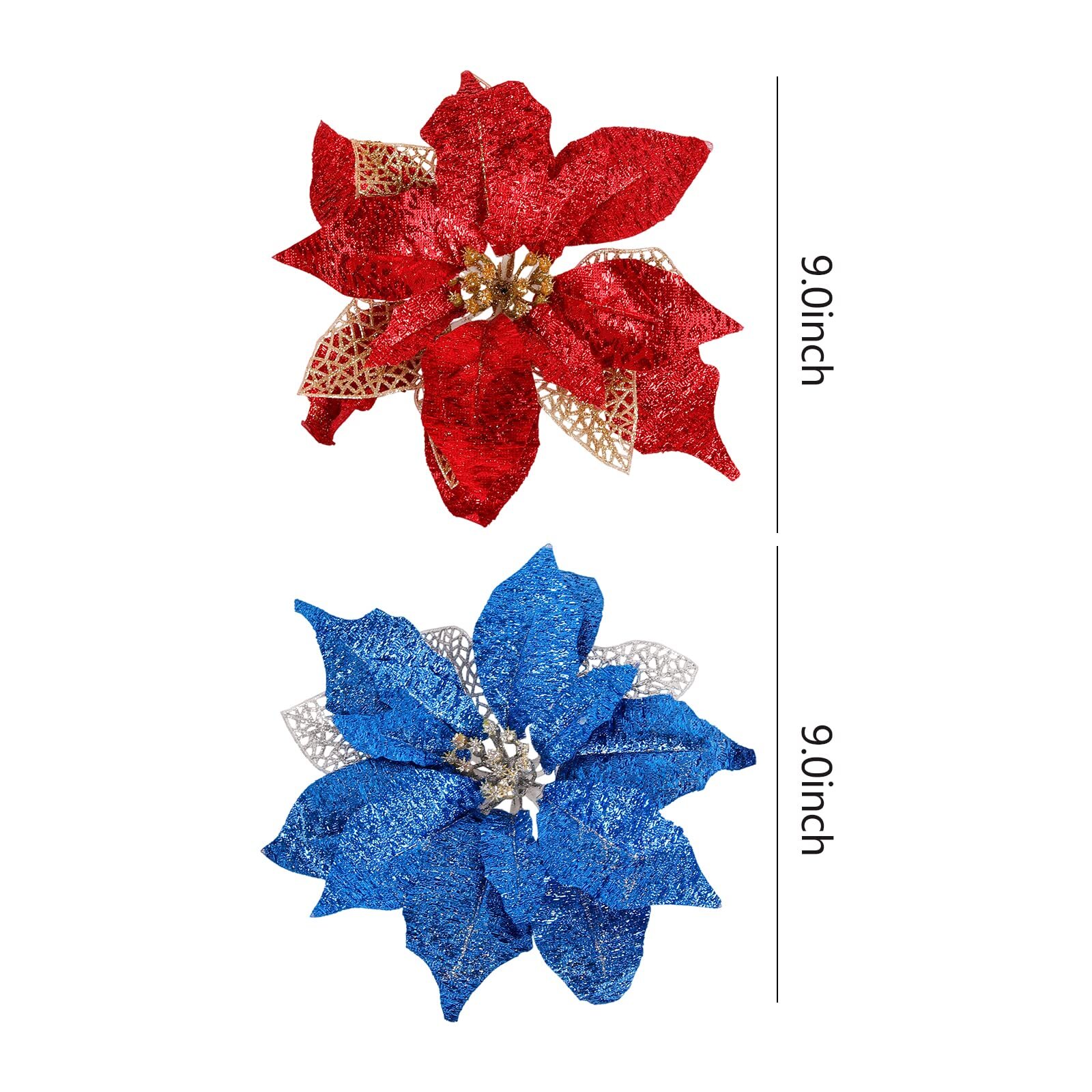 12 Pack 9 Inch Blue Glitter Poinsettia Christmas Tree Ornaments Wedding Flower