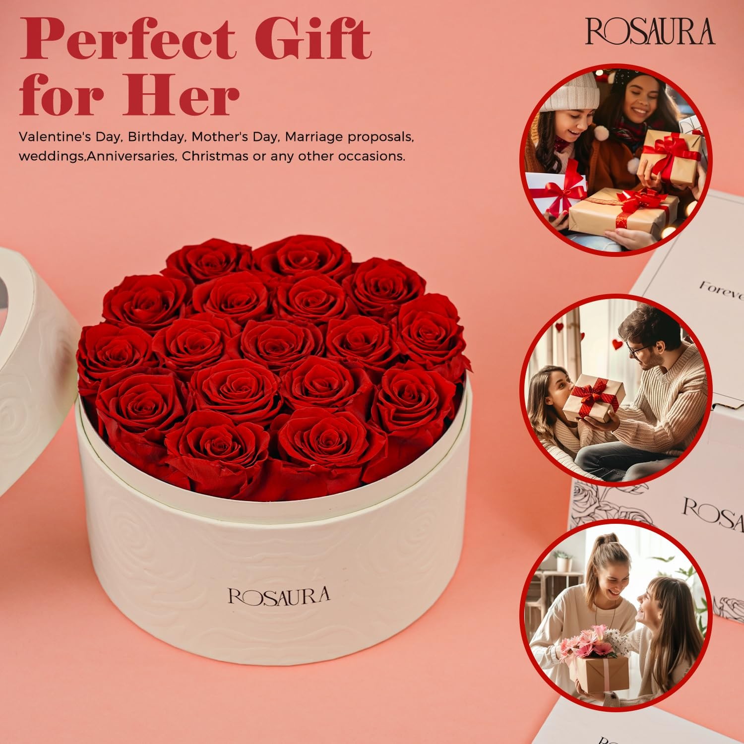 17 PCS Red Round Preserved Roses Gift Box Real Forever Flowers Anniversary