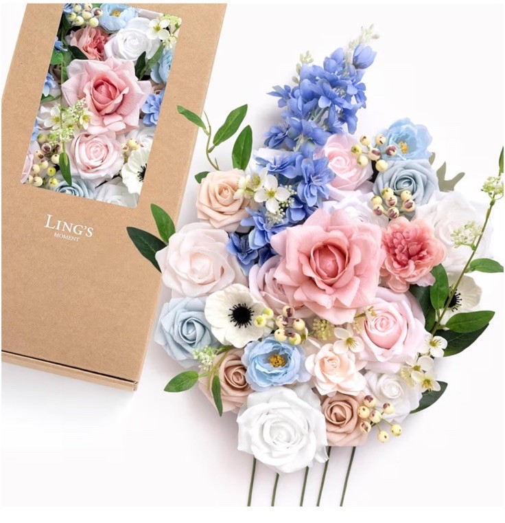 Ling’s moment Fake Flowers Box, Faux Artificial Greenery Stems Foam Roses Poppy