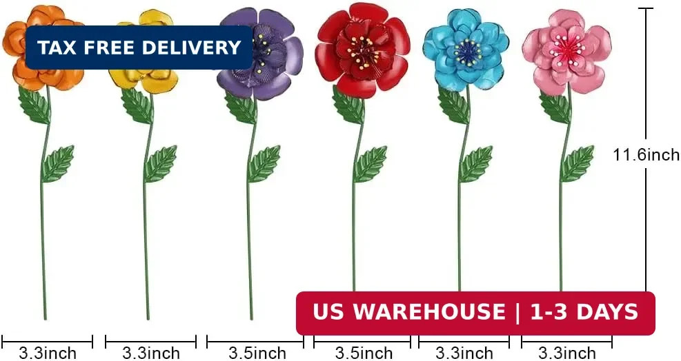 hogardeck 6 Metal Flower Garden Stakes Multi-Color for Spring Yard Art Outdoor