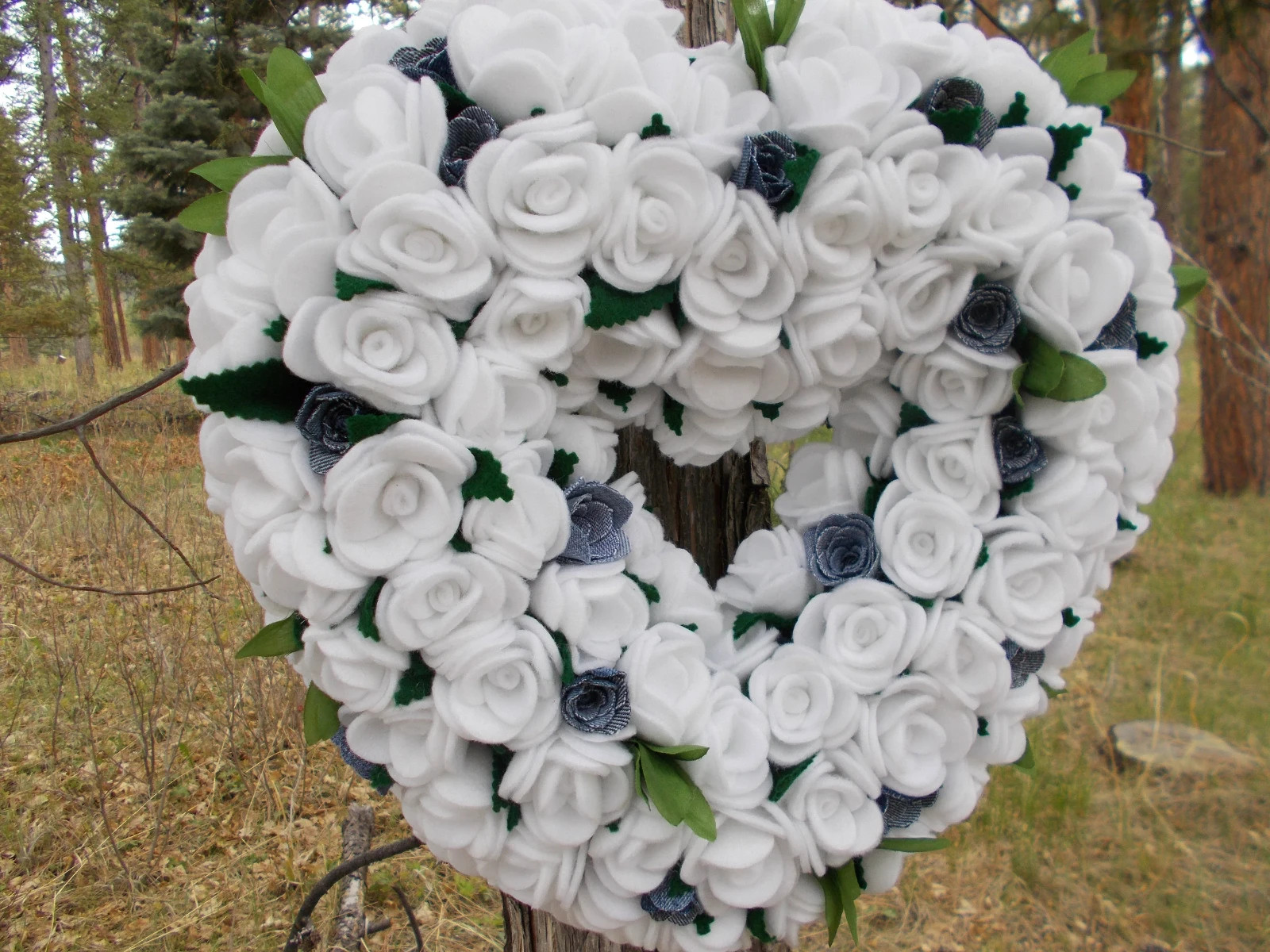 White Roses and Denim Roses Heart Shape Wall Hanging Country Barn Wedding Decor