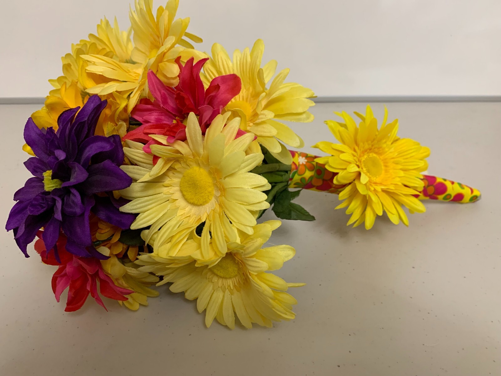 HAND MADE FLORAL DAISY BOUQUET – YELLOW PINK & PURPLE FLOWERS