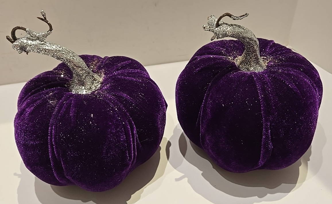 Purple Velvet Pumpkin with glitter stems Lot of 2