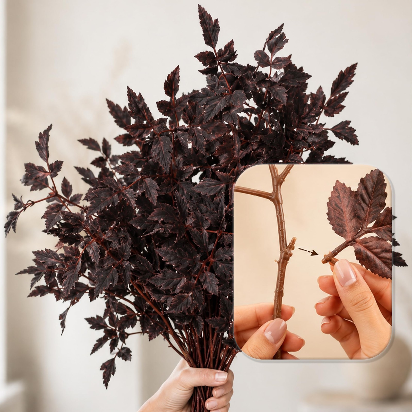 3pcs Artificial Cimicifuga Leaf Spray, 24 in Realistic Faux Plum Branches, Fa…