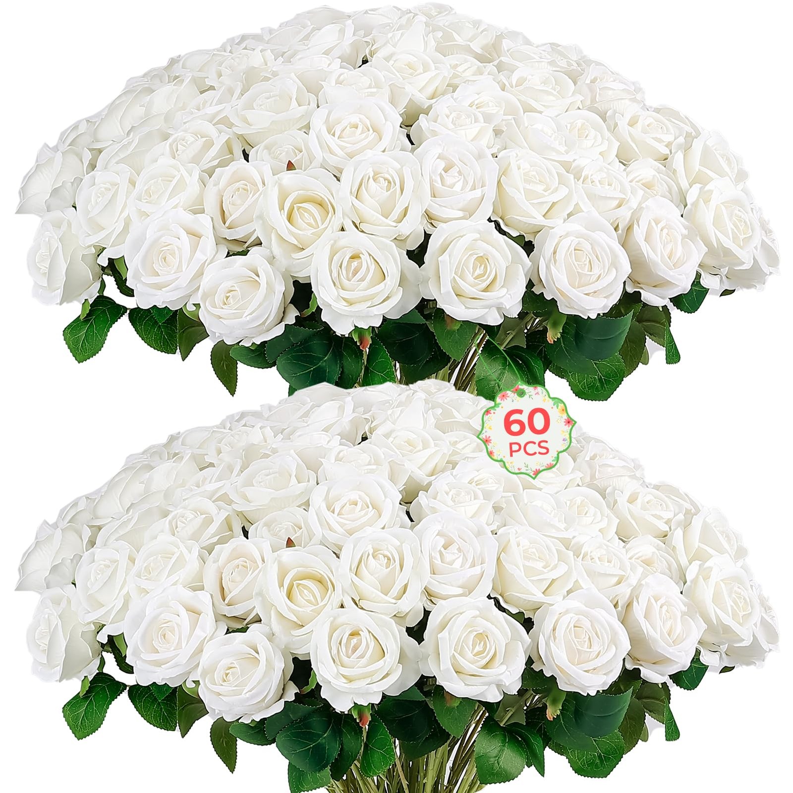 60 PCS Artificial Roses Bulk White Velvet Silk Fake Flowers Wedding Decor