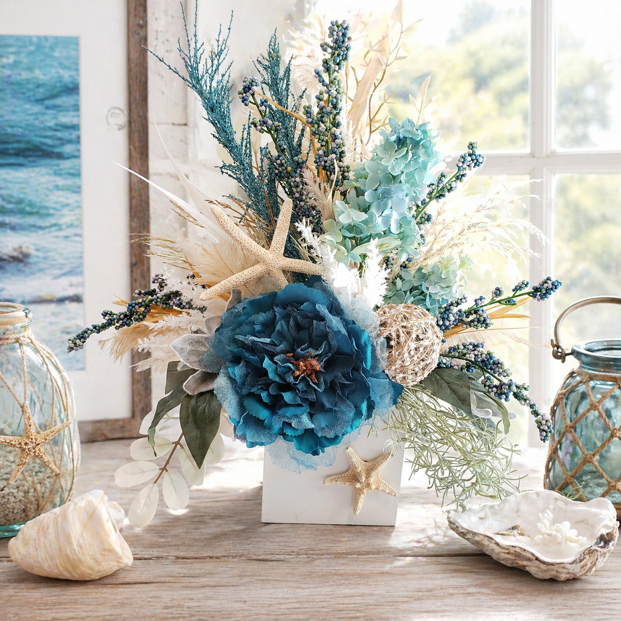 Coastal Blue Floral Arrangement, Beach House Decor with Starfish