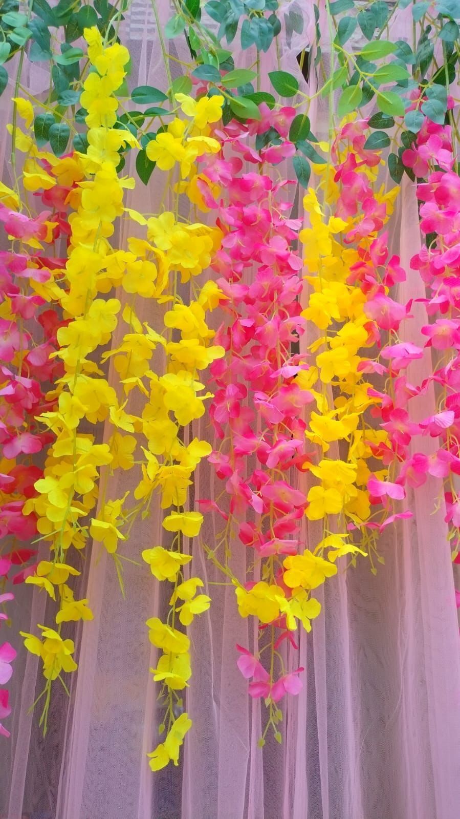 Haldi Decoration Backdrop Fabric With Marigold Garlands Complet Party Backdrop