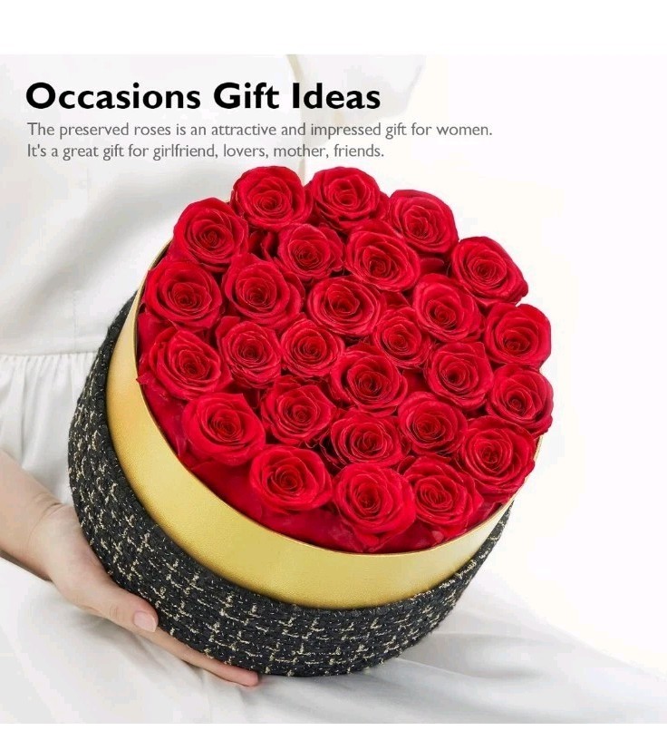 Eterfield Forever Flowers 27-Piece Preserved RED Roses in Round Gold Black Box