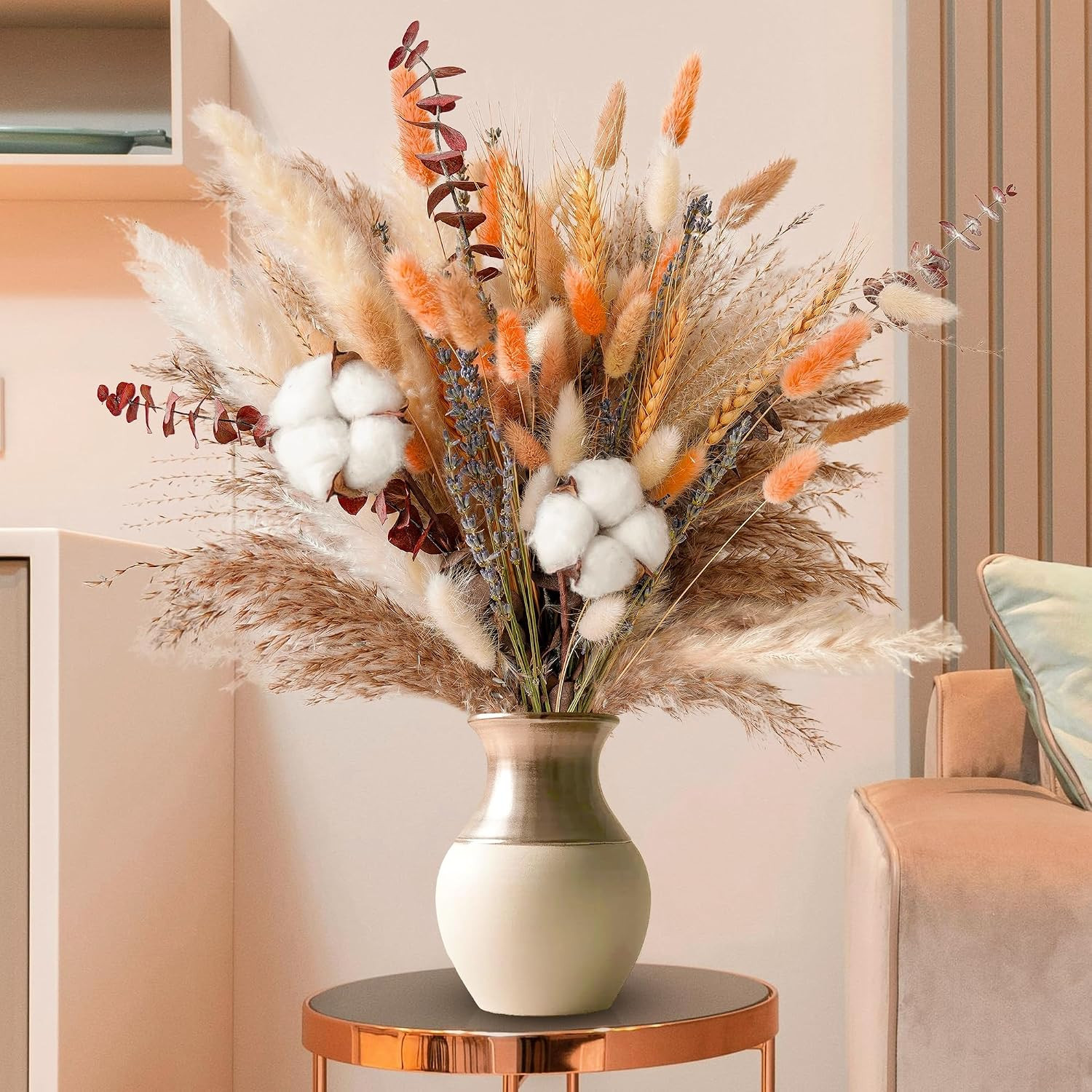 Fall Dried Flower Bouquet – Boho Fall Decor with Pampas Grass, Cotton, and Orang