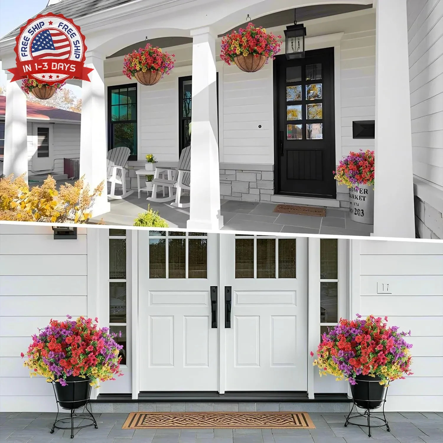 Hananona 2 Set Artificial Outdoor Flowers with Hanging Basket, 2 Hanging Planter