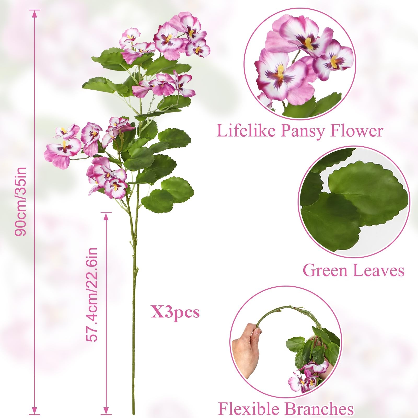 3Pack Artificial Pansy Flowers Silk Flowers Arrangements 35In Artificial Fake…
