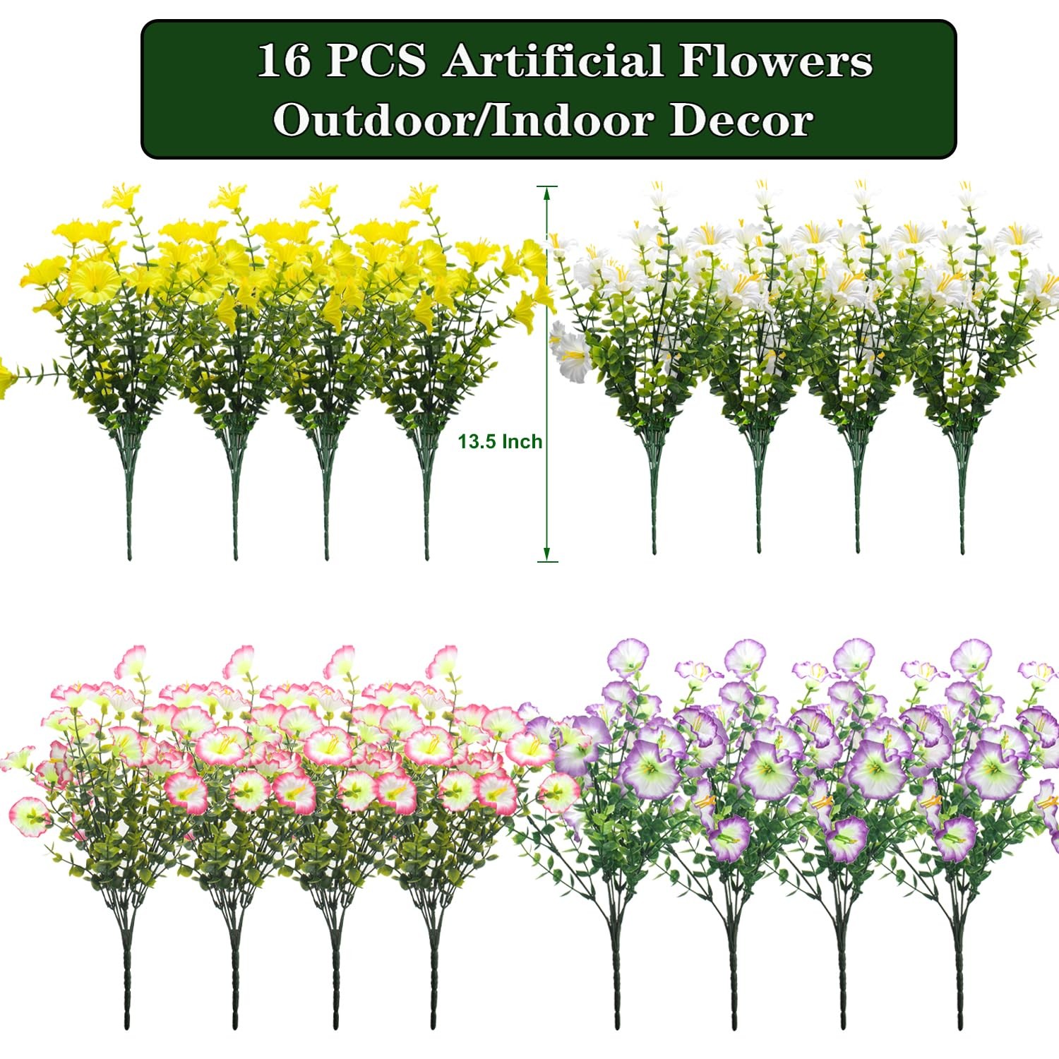 16 Bundles Artificial Flowers for Outdoors Fake Plants Outside Decoration, Mo…