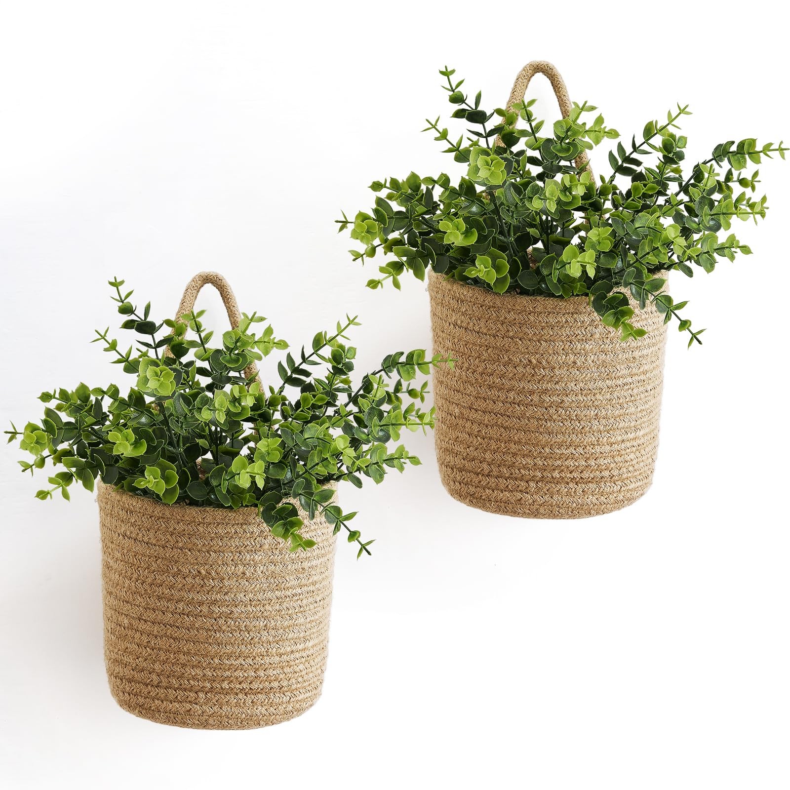 Dahey 2 Pack Wall Hanging Rope Basket with Artificial Eucalyptus Farmhouse Decor