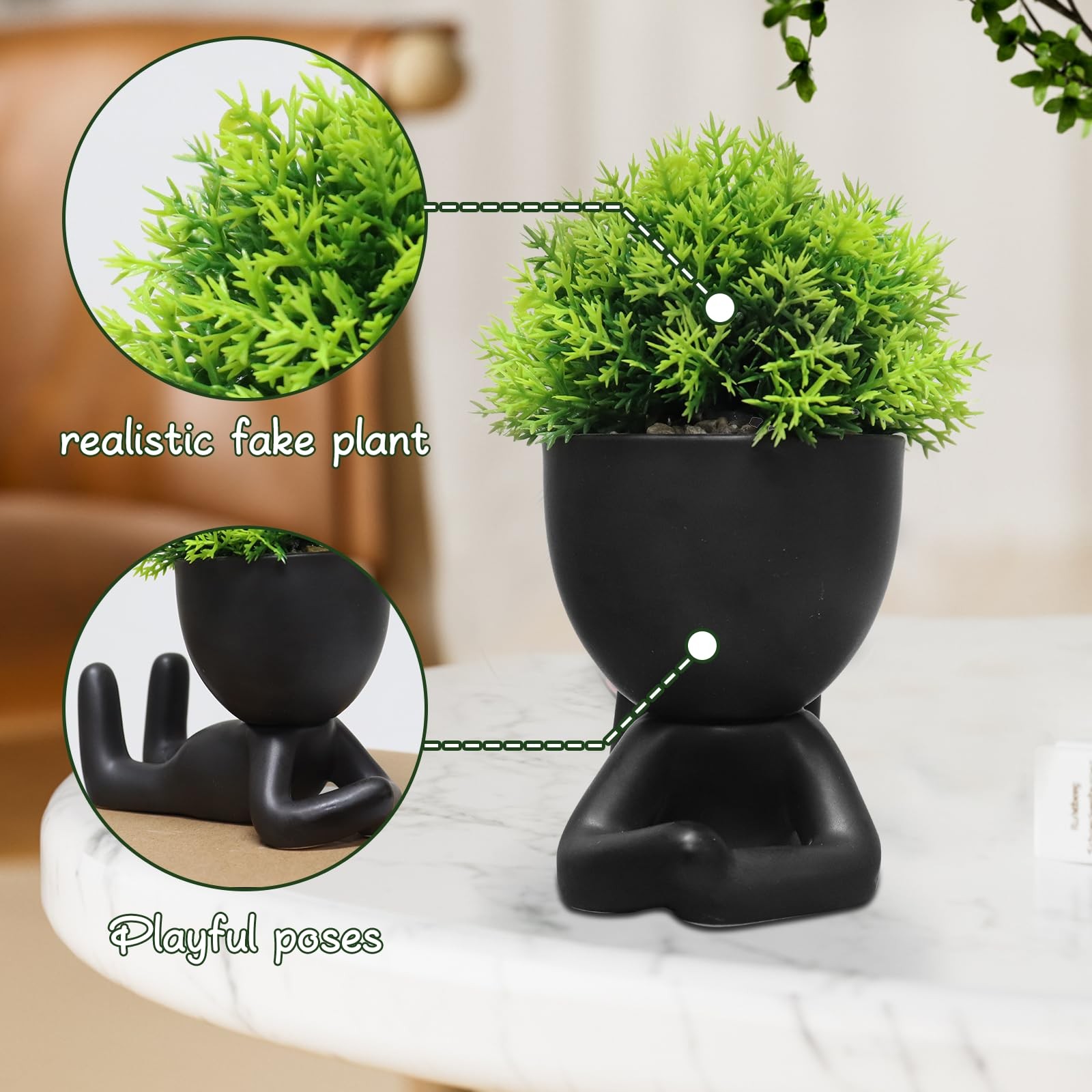 Cute Human Shape Artificial Plants Pot Head Humanoid Desk Cubicle Decor Set