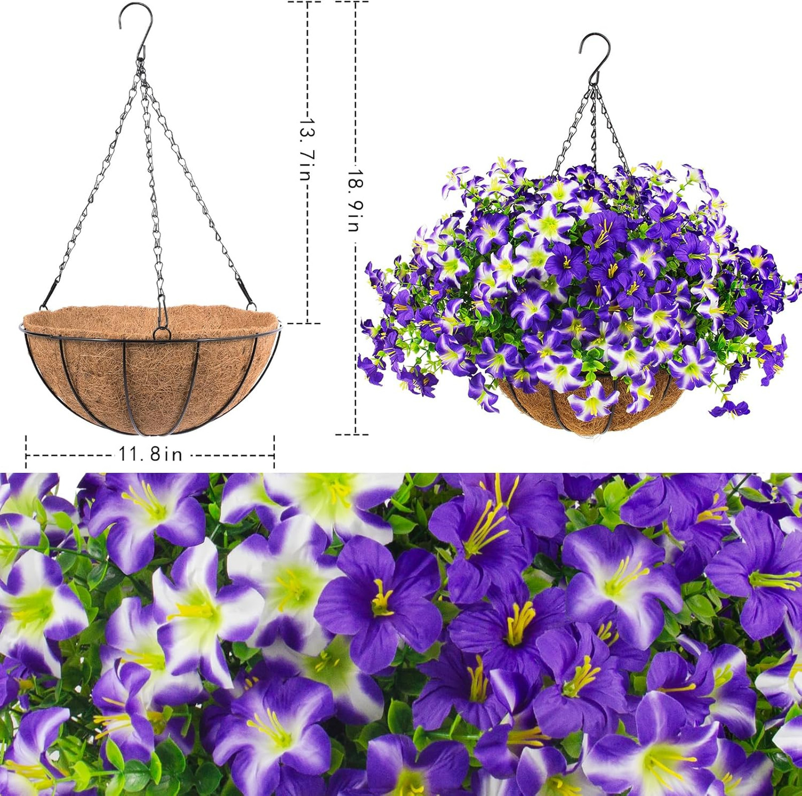 Artificial Petunias Flowers Set with Hanging Baskets UV Resistant Faux Purple