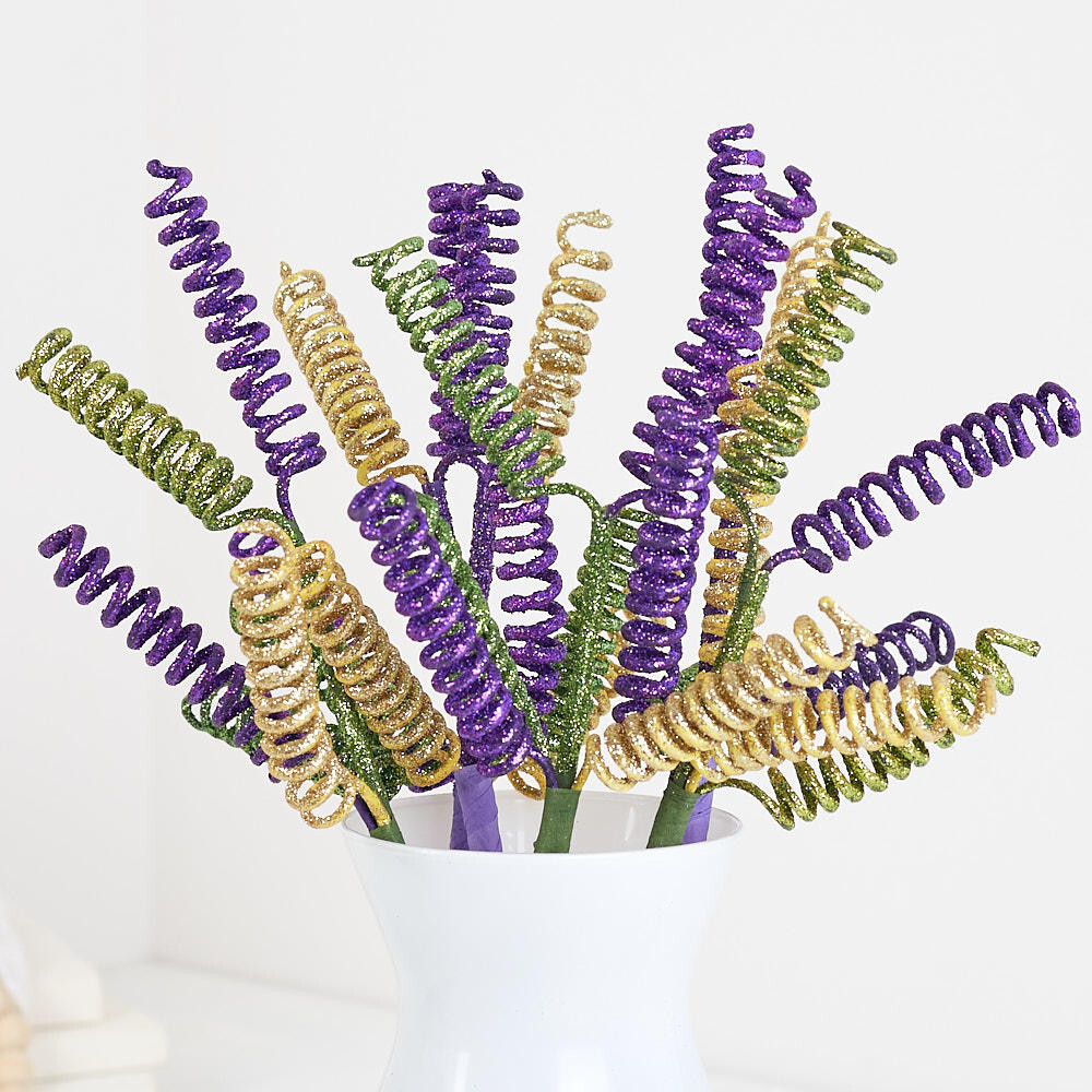 Set of 6 Decorative Mardi Gras Glitter Curly Spring Spray 16″ Stems