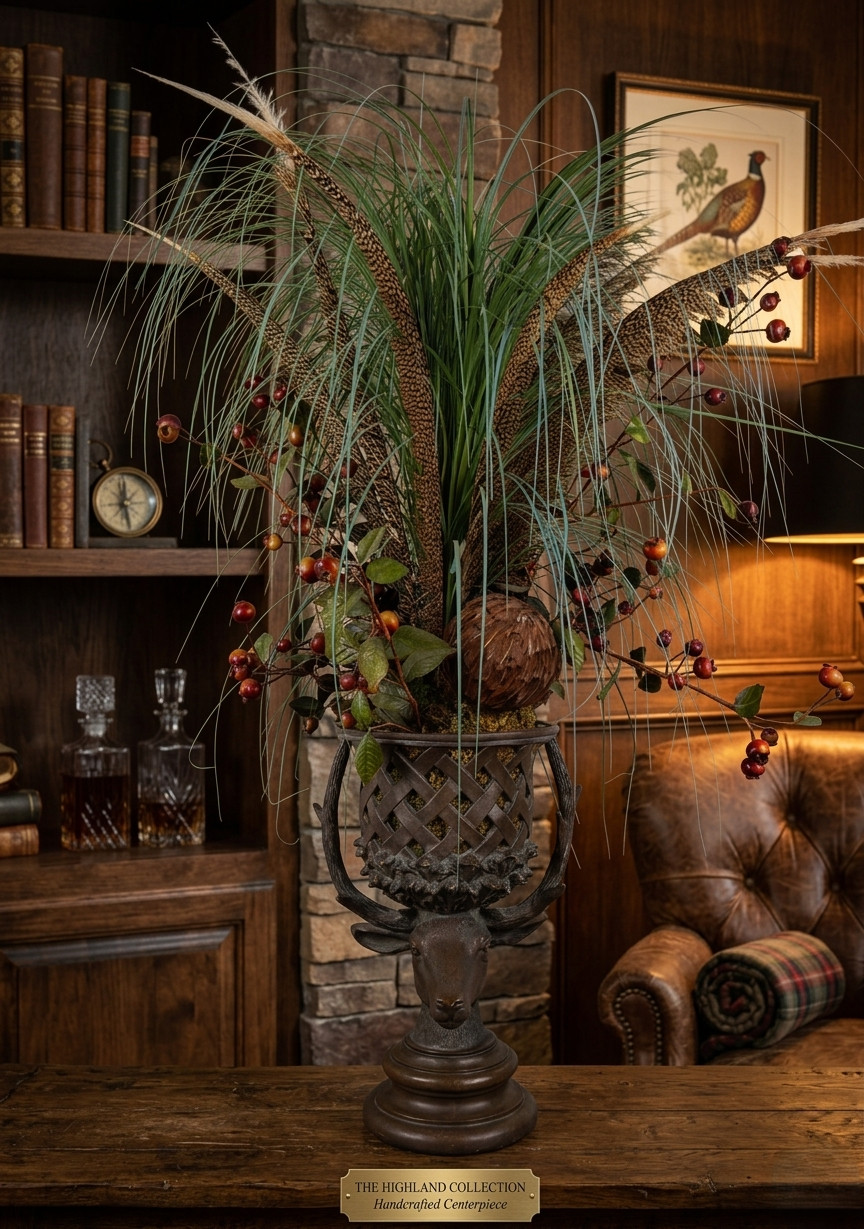 Rustic Stag Head Urn Faux Floral Arrangement Pheasant Feather Lodge Centerpiece