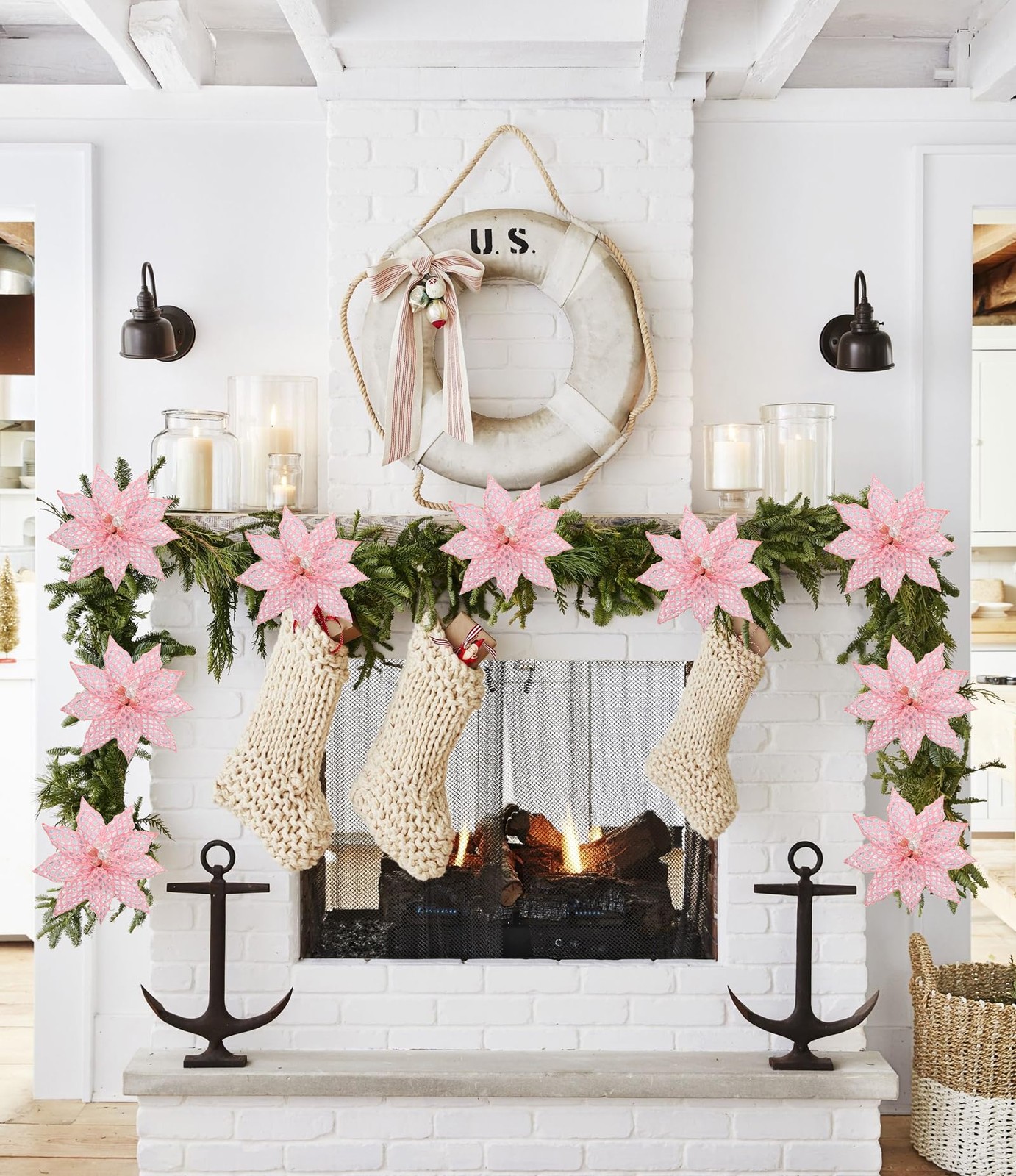 3PCS Poinsettias Artificial Christmas Flowers 22.4in Long Stem Pink Glitter M…
