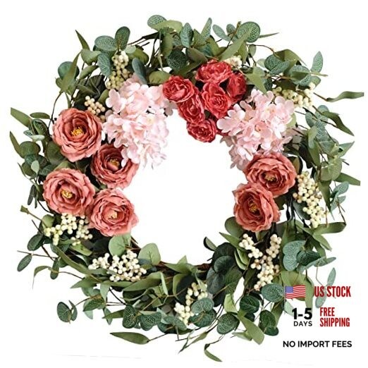 20 inches Artificial Pink Peony Wreath for Front Door Wreath with Hydrangea