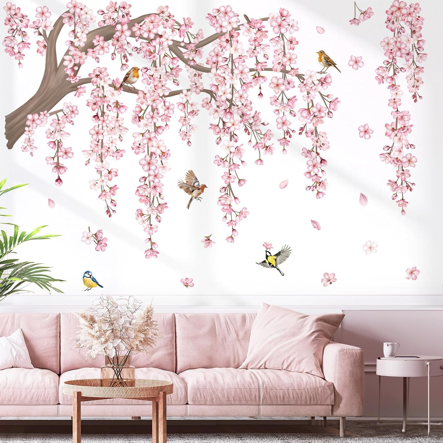 Large Pink Flower Tree Branch Wall Decals Cherry Blossom Tree Floral Birds Wall