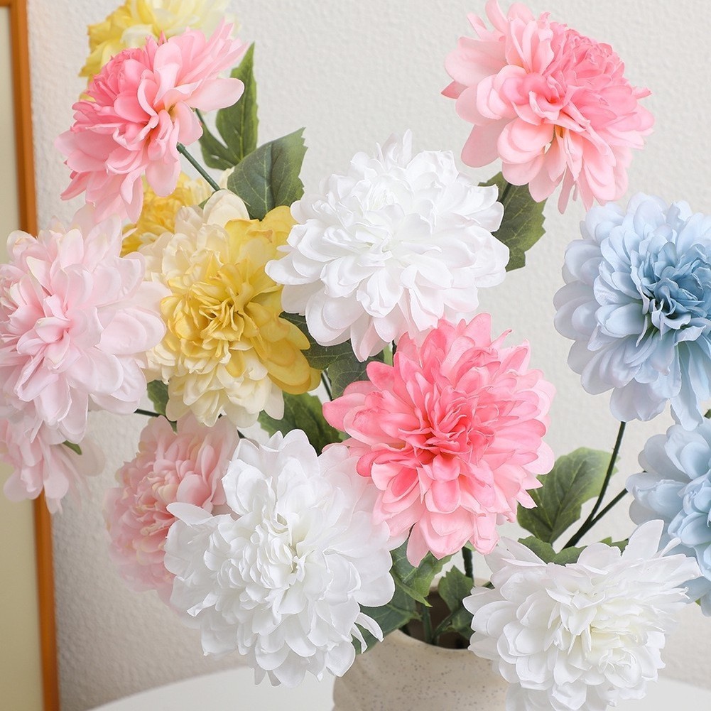3-Head Silk Dahlia Stems 64cm Flexible Wire Core for Craft and Wedding Decor
