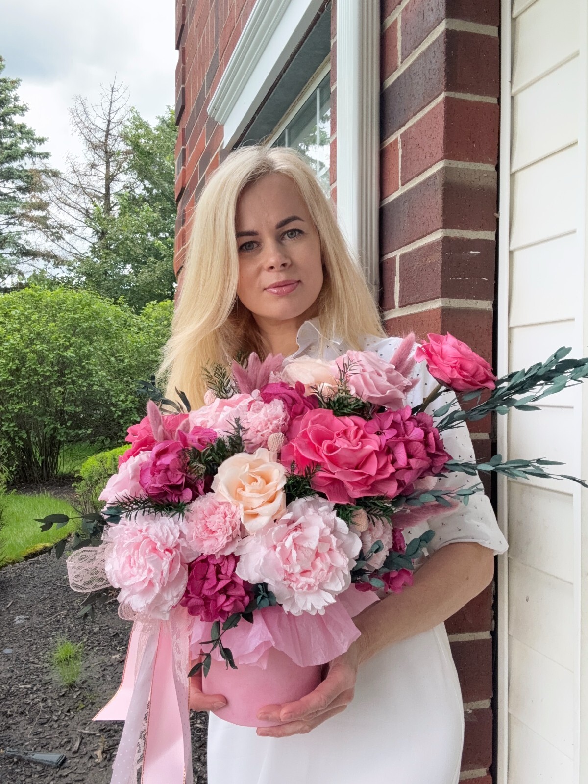 Preserved Flower Bouquet in Pink Raspberry Hat Box, Real Flowers, Lasts 1+ Year