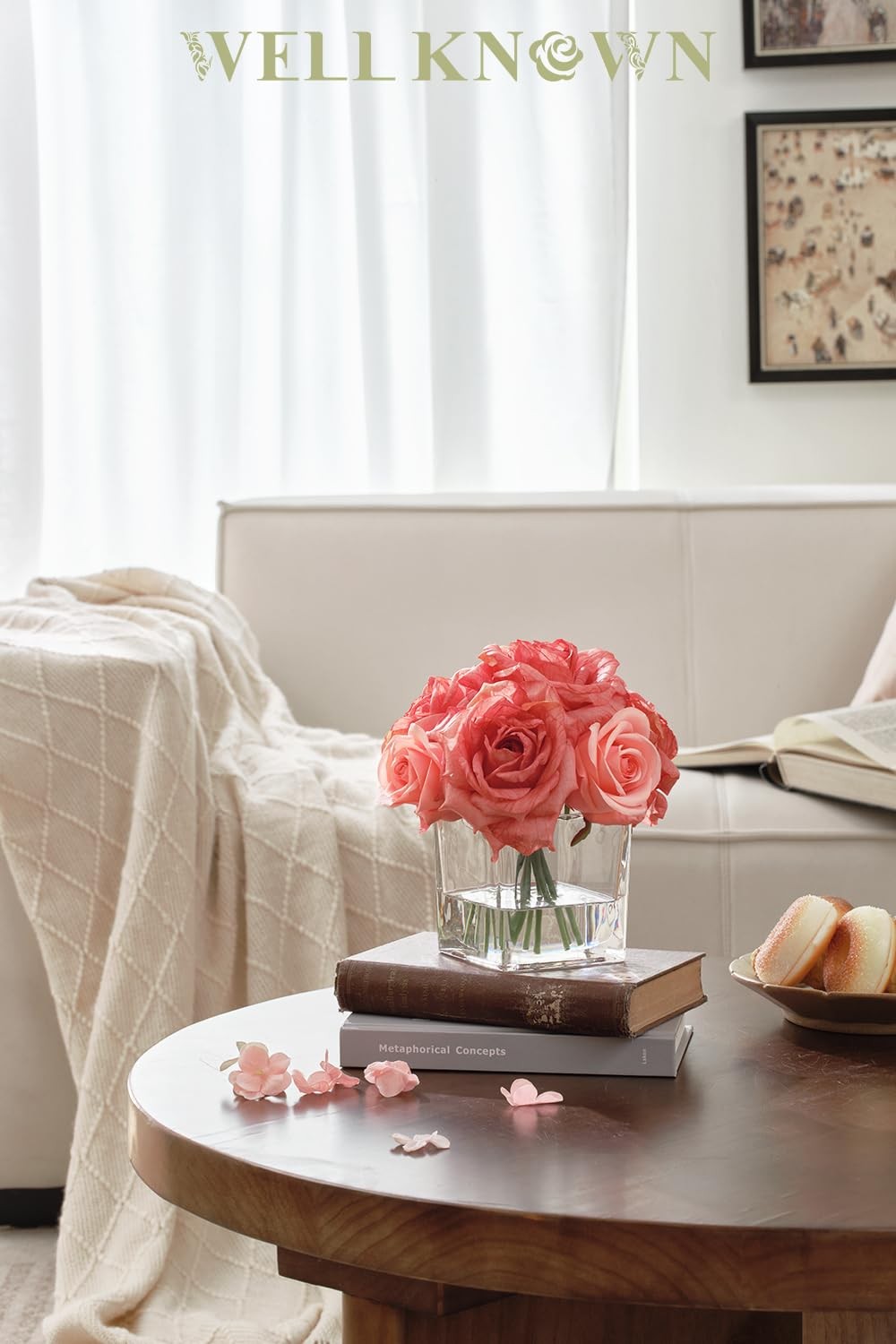 Artificial Silk Rose Flower In Vase With Faux Water Pink Table Centerpiece