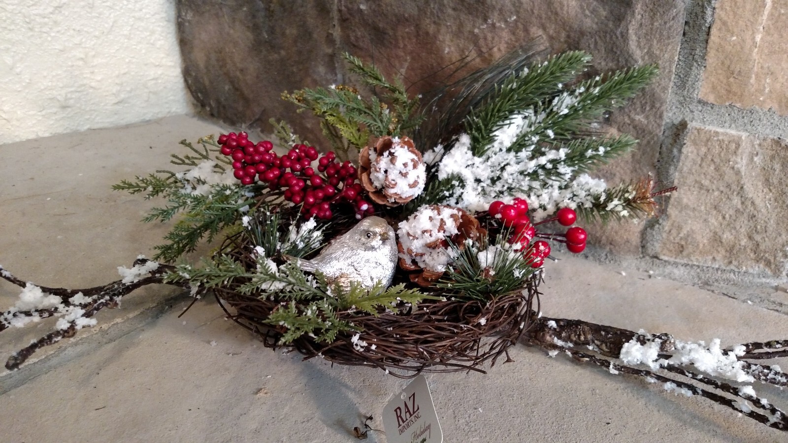 NWT RAZ 21″ Bendable Bird NEST Snowy BRANCH Twig Berries Christmas table Decor