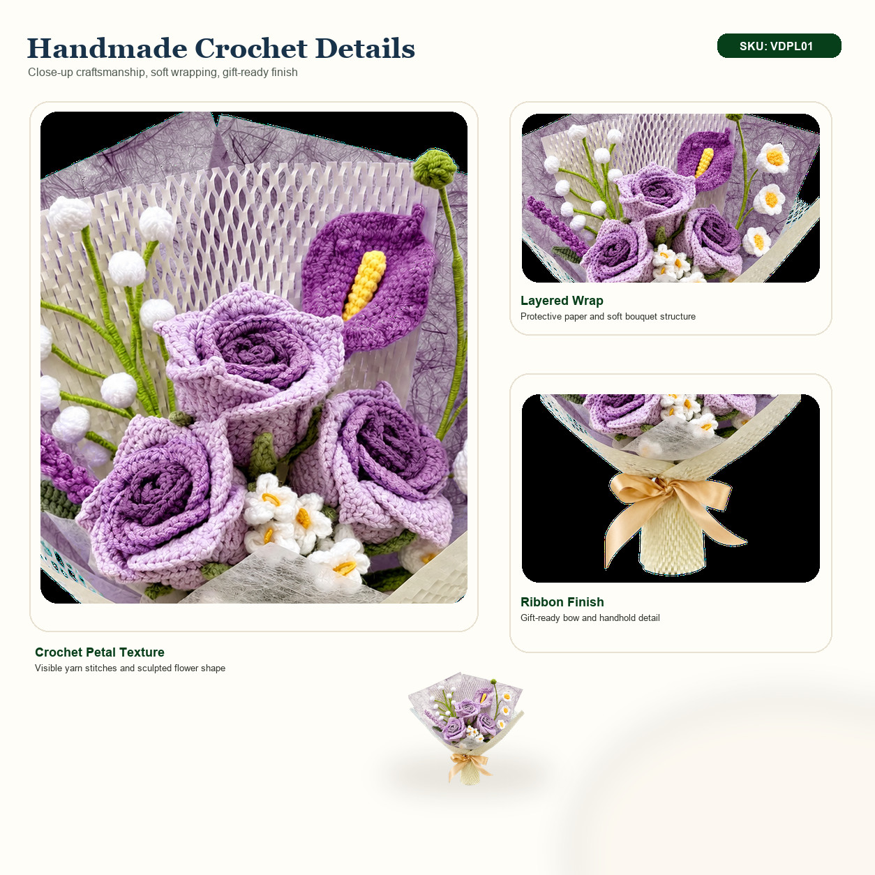 Purple Lavender Rose Lily Crochet Bouquet Thank You Birthday Gift for Her