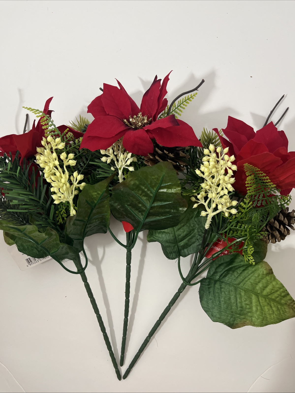 Lot Of 3 Red Poinsettia Mix Pick Artificial Flowers 12 Inch Decor NWT