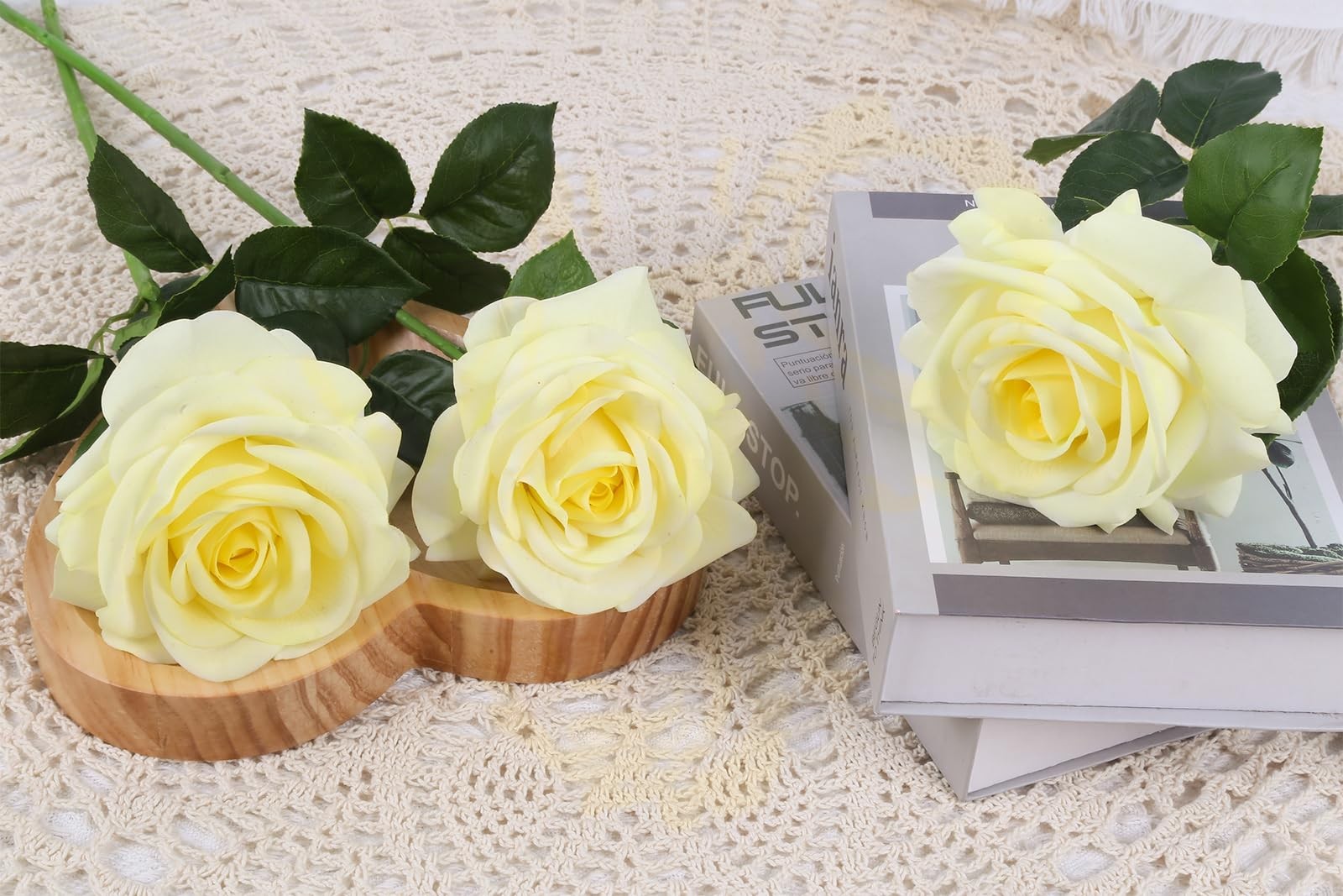 Real Touch Yellow Roses Artificial Flowers 3Pcs Latex Faux Roses Flowers with…